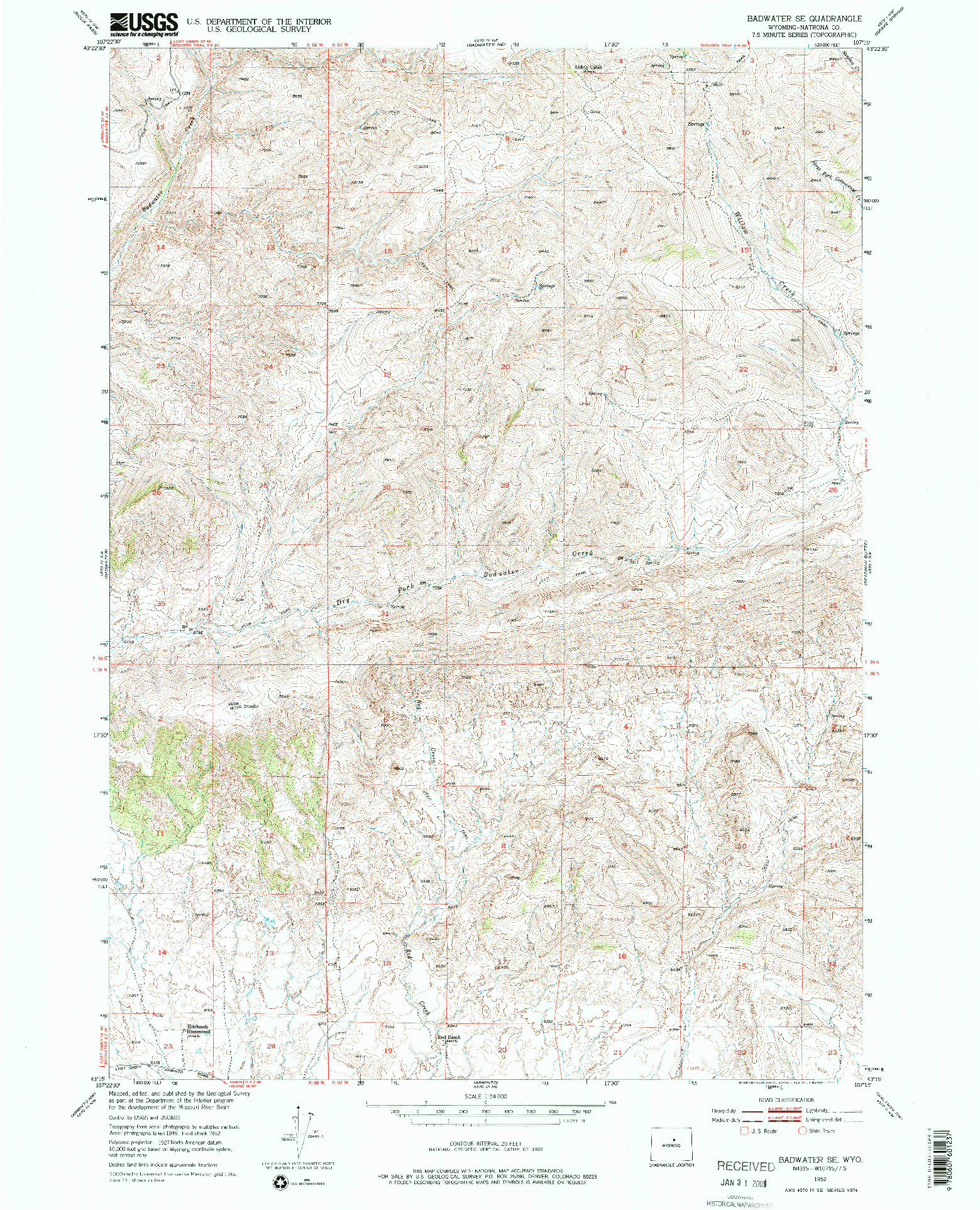 USGS 1:24000-SCALE QUADRANGLE FOR BADWATER SE, WY 1952