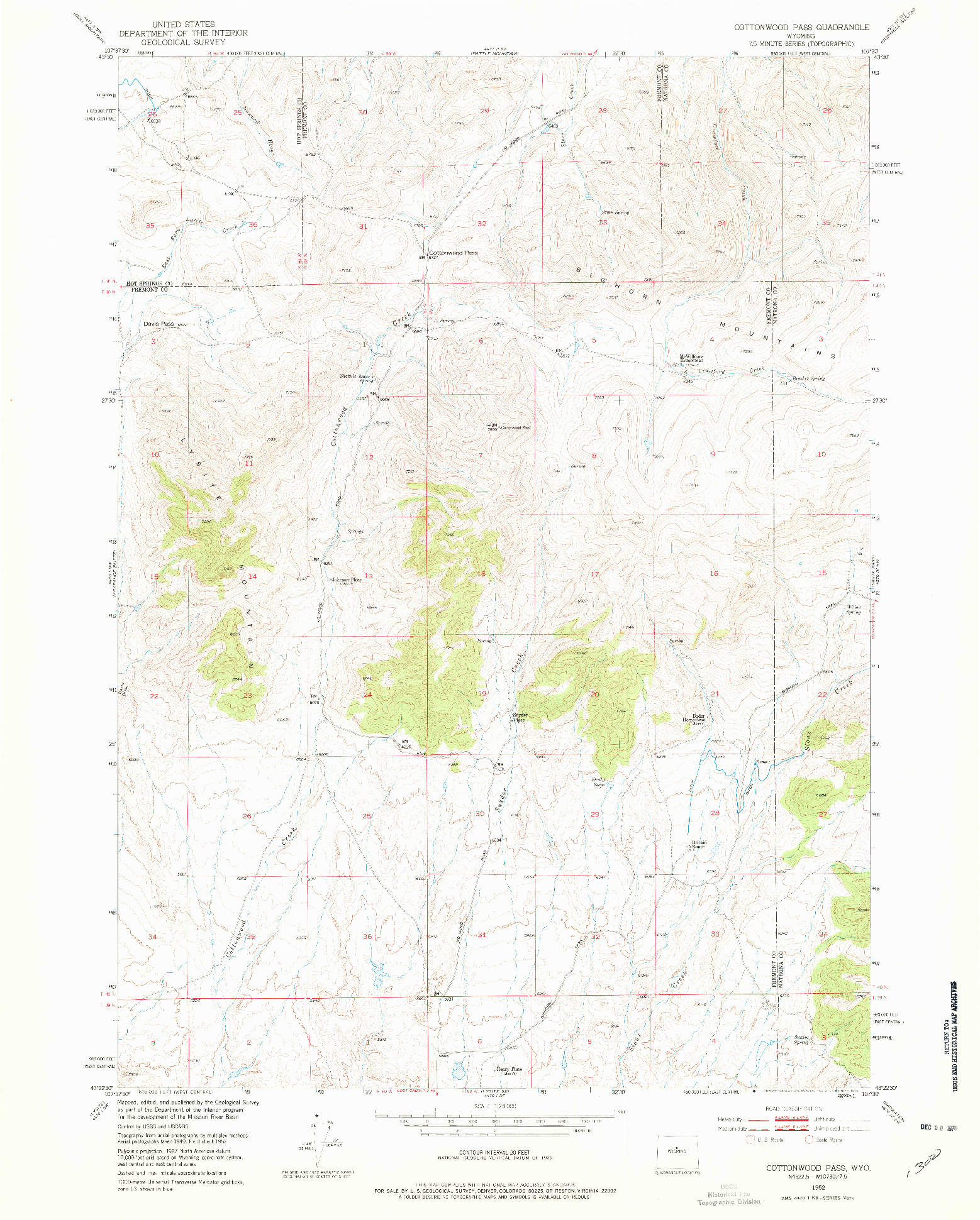 USGS 1:24000-SCALE QUADRANGLE FOR COTTONWOOD PASS, WY 1952