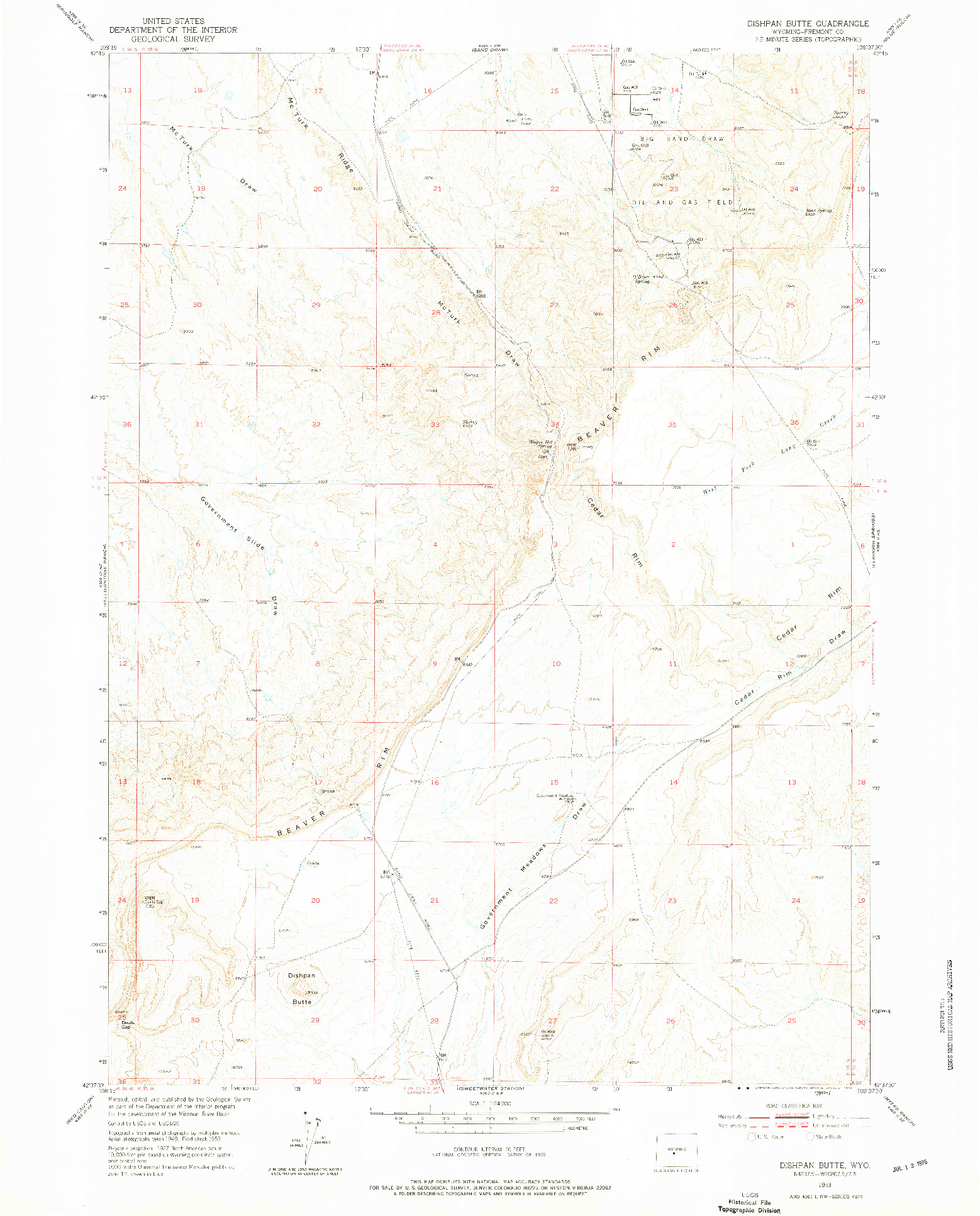 USGS 1:24000-SCALE QUADRANGLE FOR DISHPAN BUTTE, WY 1953