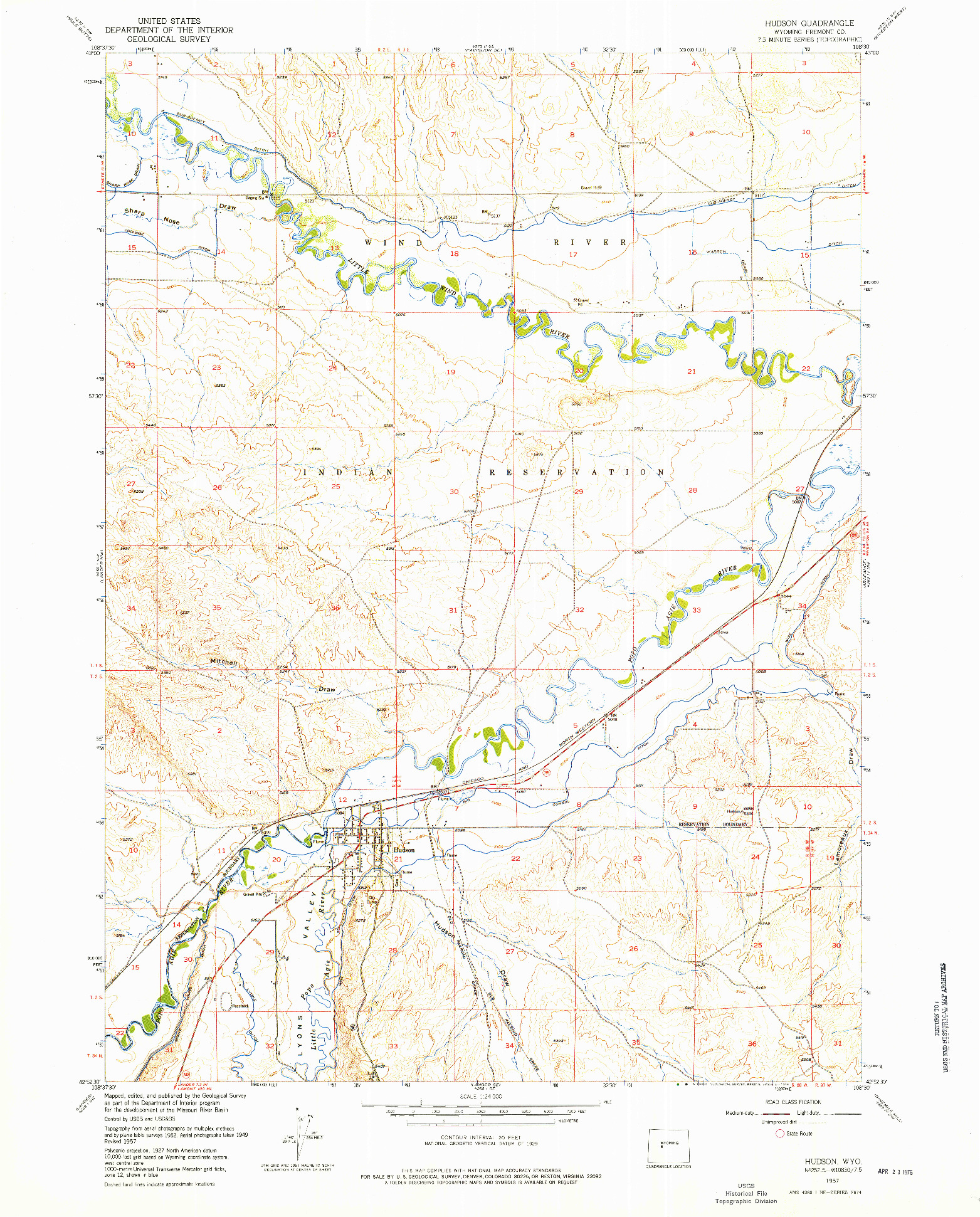 USGS 1:24000-SCALE QUADRANGLE FOR HUDSON, WY 1957