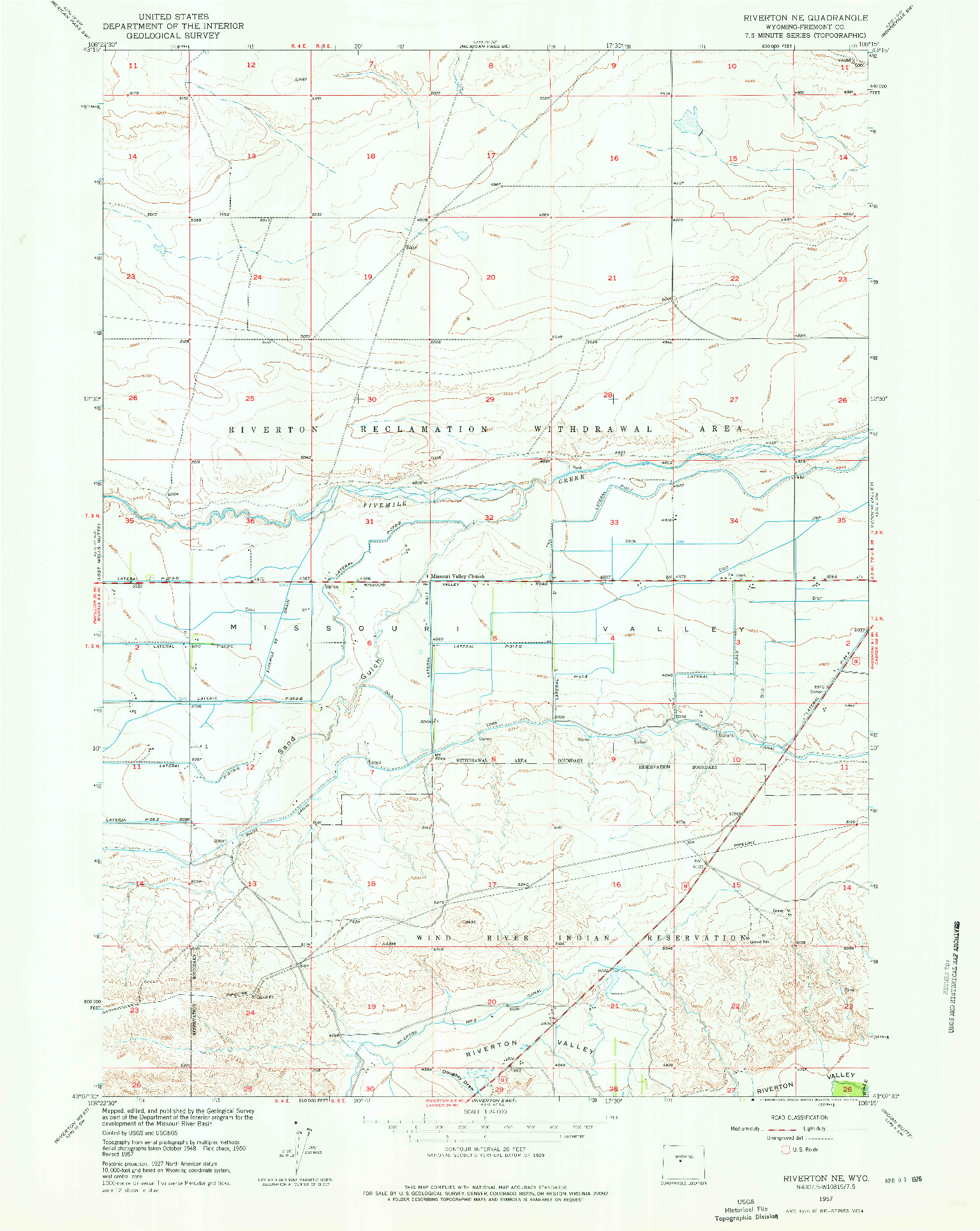 USGS 1:24000-SCALE QUADRANGLE FOR RIVERTON NE, WY 1957