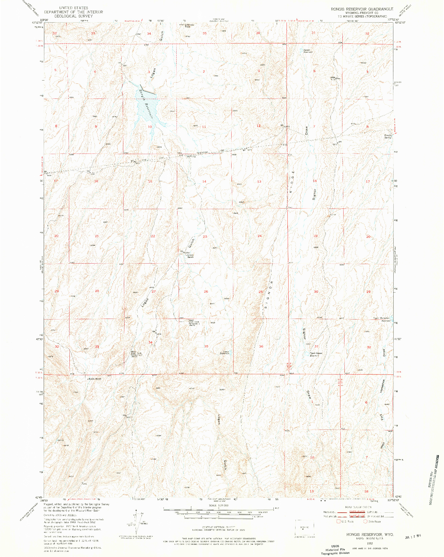 USGS 1:24000-SCALE QUADRANGLE FOR RONGIS RESERVOIR, WY 1952