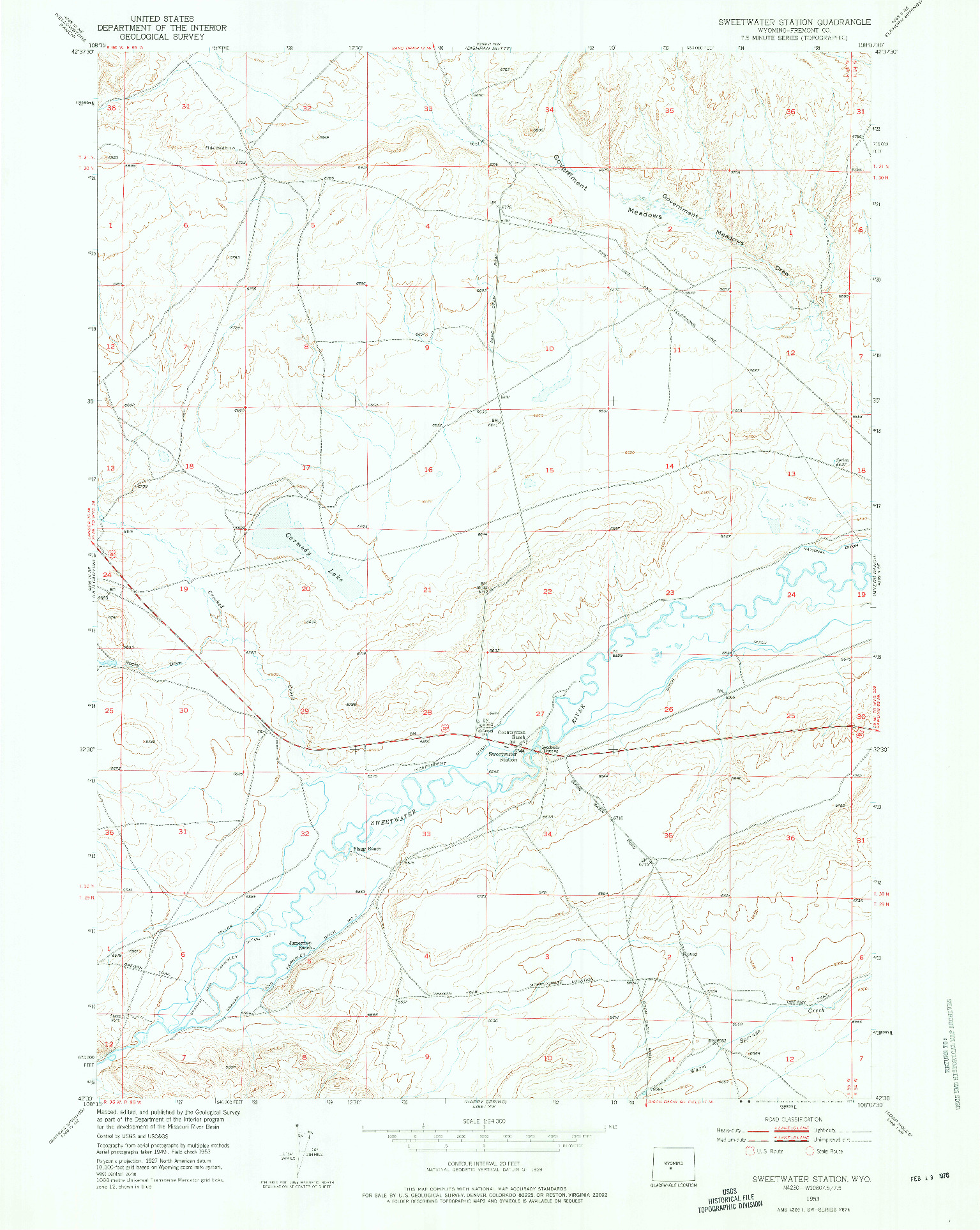 USGS 1:24000-SCALE QUADRANGLE FOR SWEETWATER STATION, WY 1953