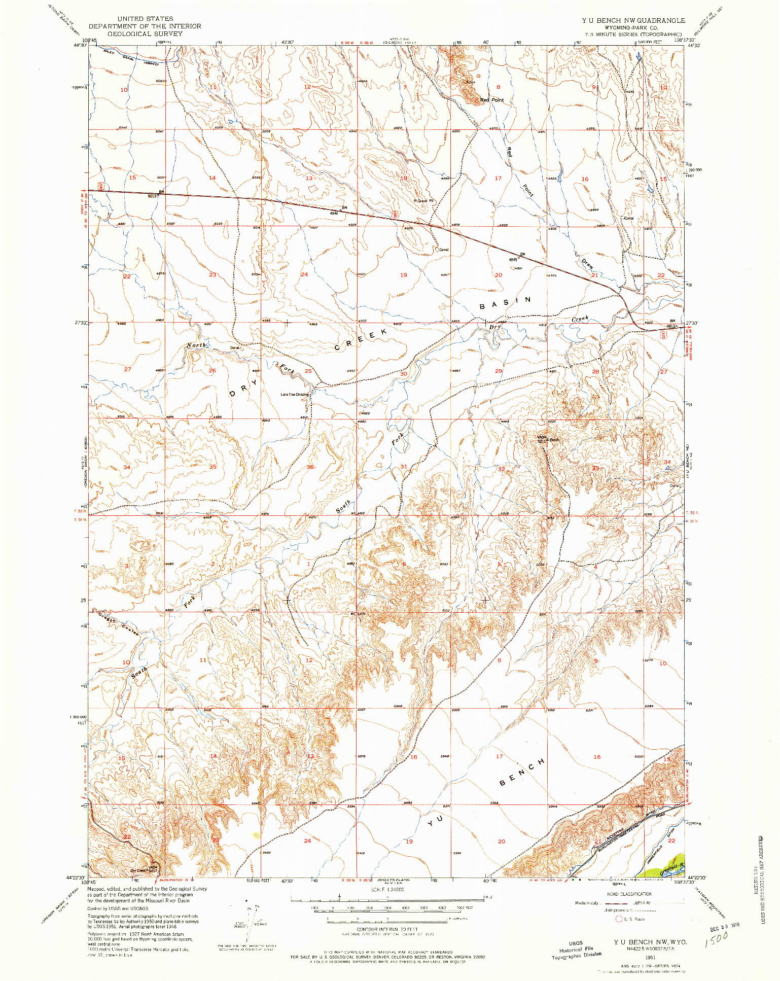 USGS 1:24000-SCALE QUADRANGLE FOR Y U BENCH NW, WY 1951