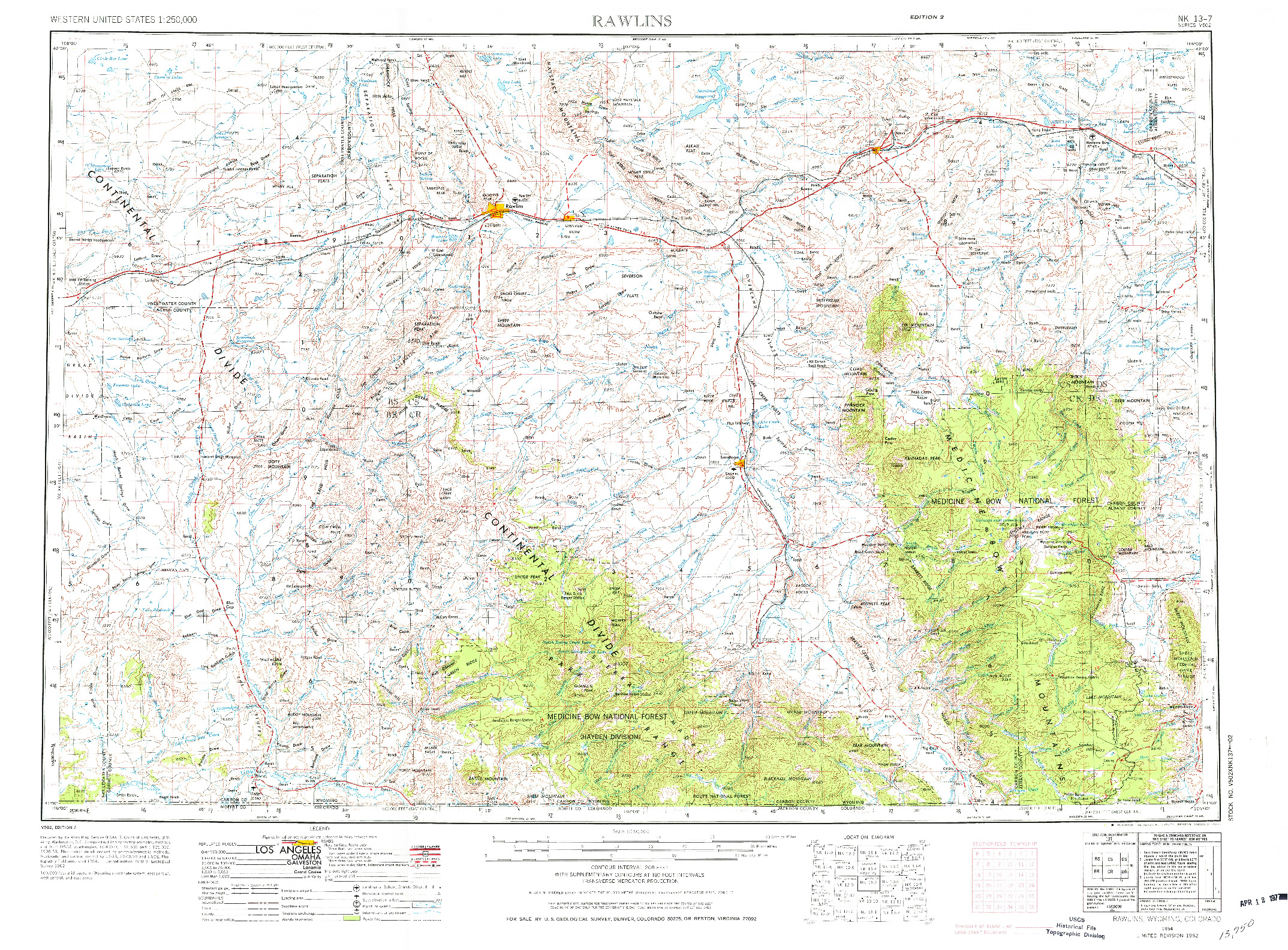 USGS 1:250000-SCALE QUADRANGLE FOR RAWLINS, WY 1954