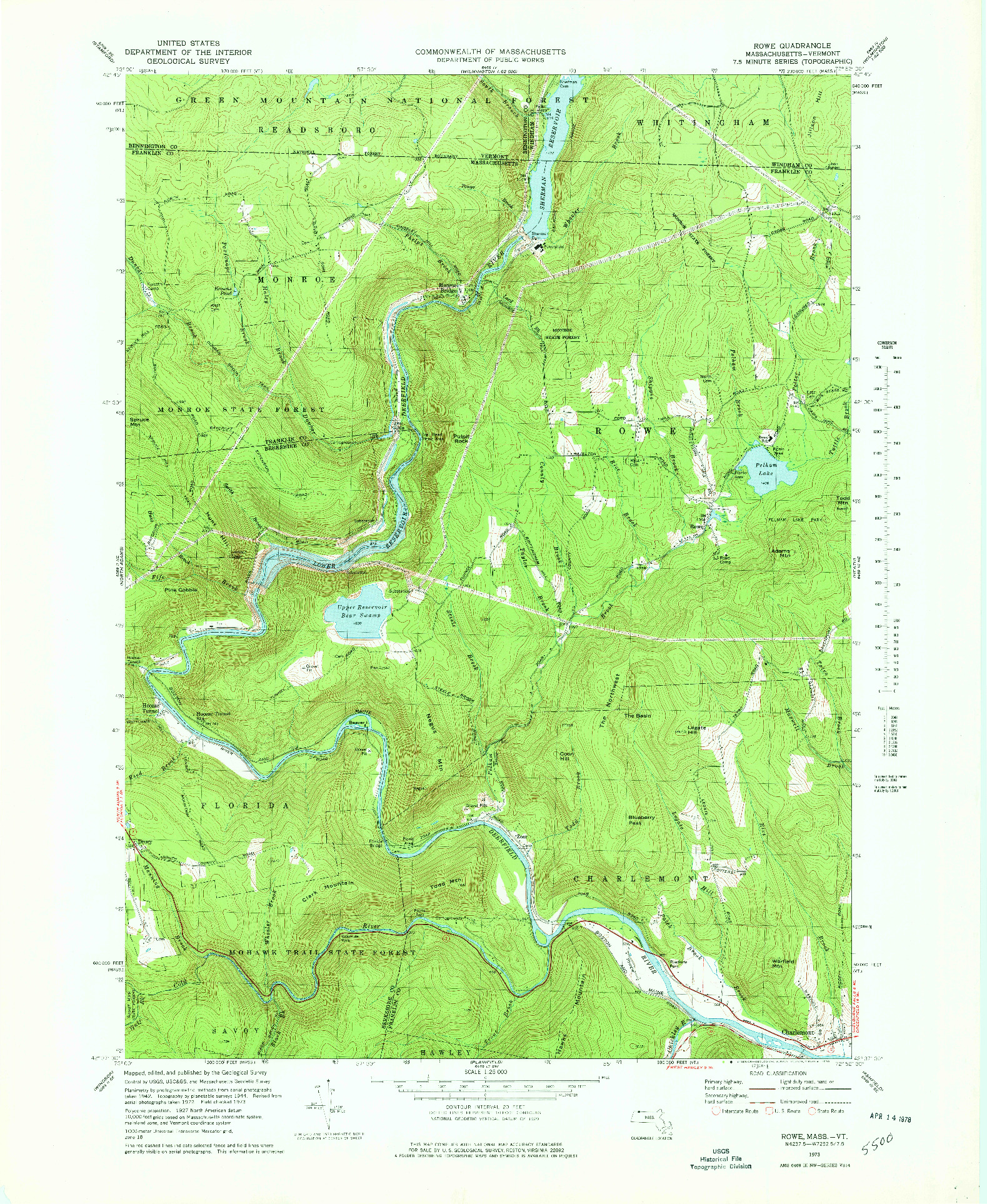 USGS 1:25000-SCALE QUADRANGLE FOR ROWE, MA 1973