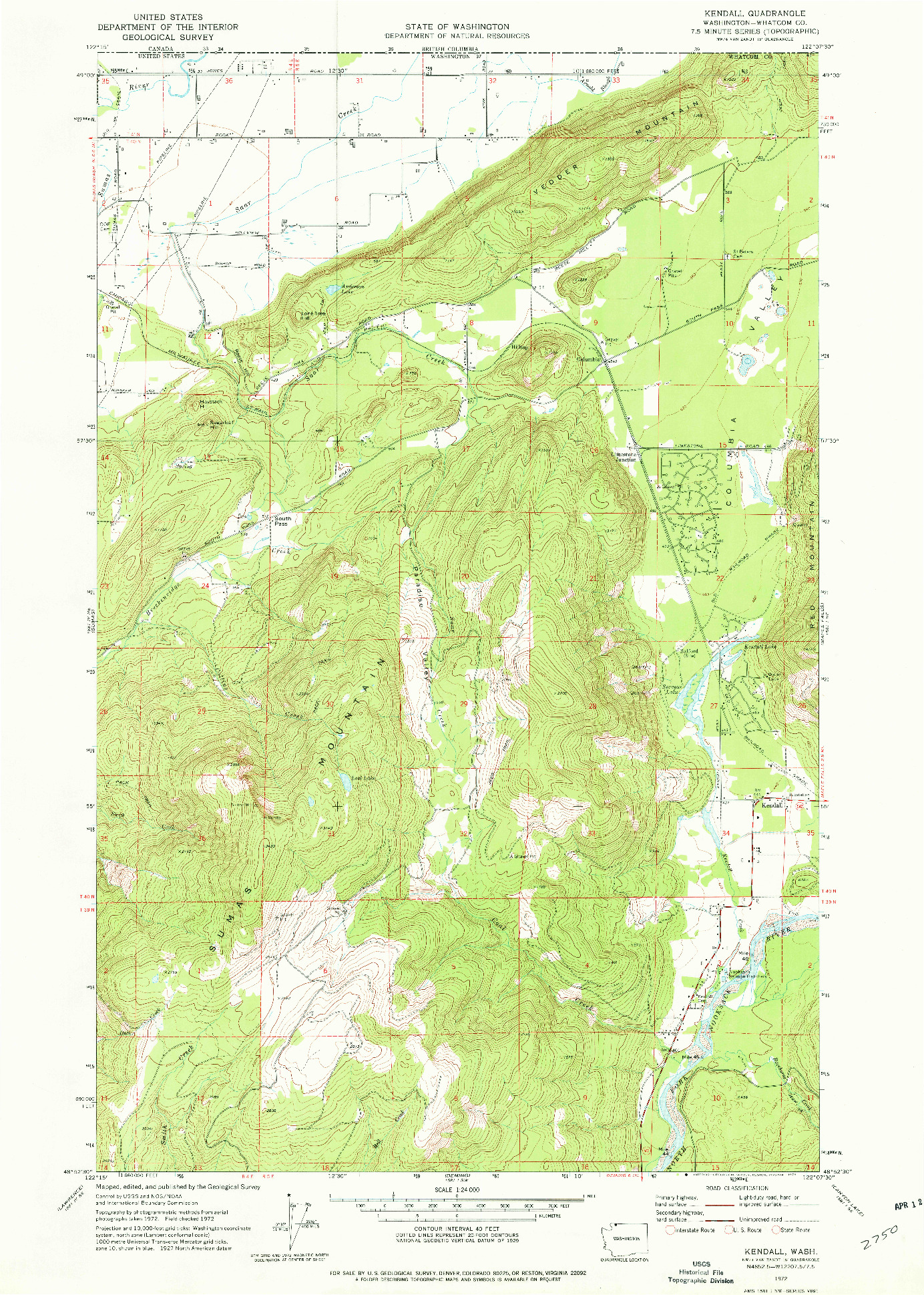 USGS 1:24000-SCALE QUADRANGLE FOR KENDALL, WA 1972