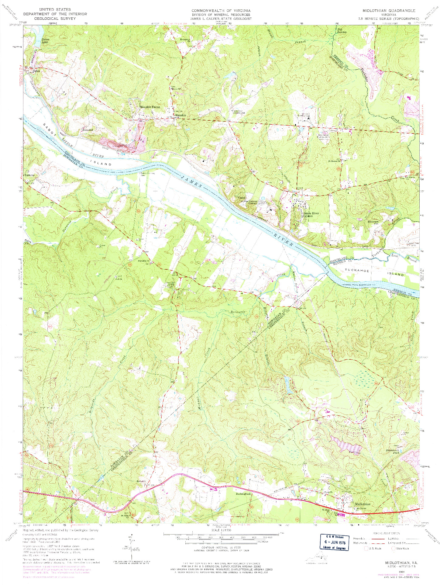 USGS 1:24000-SCALE QUADRANGLE FOR MIDLOTHIAN, VA 1964