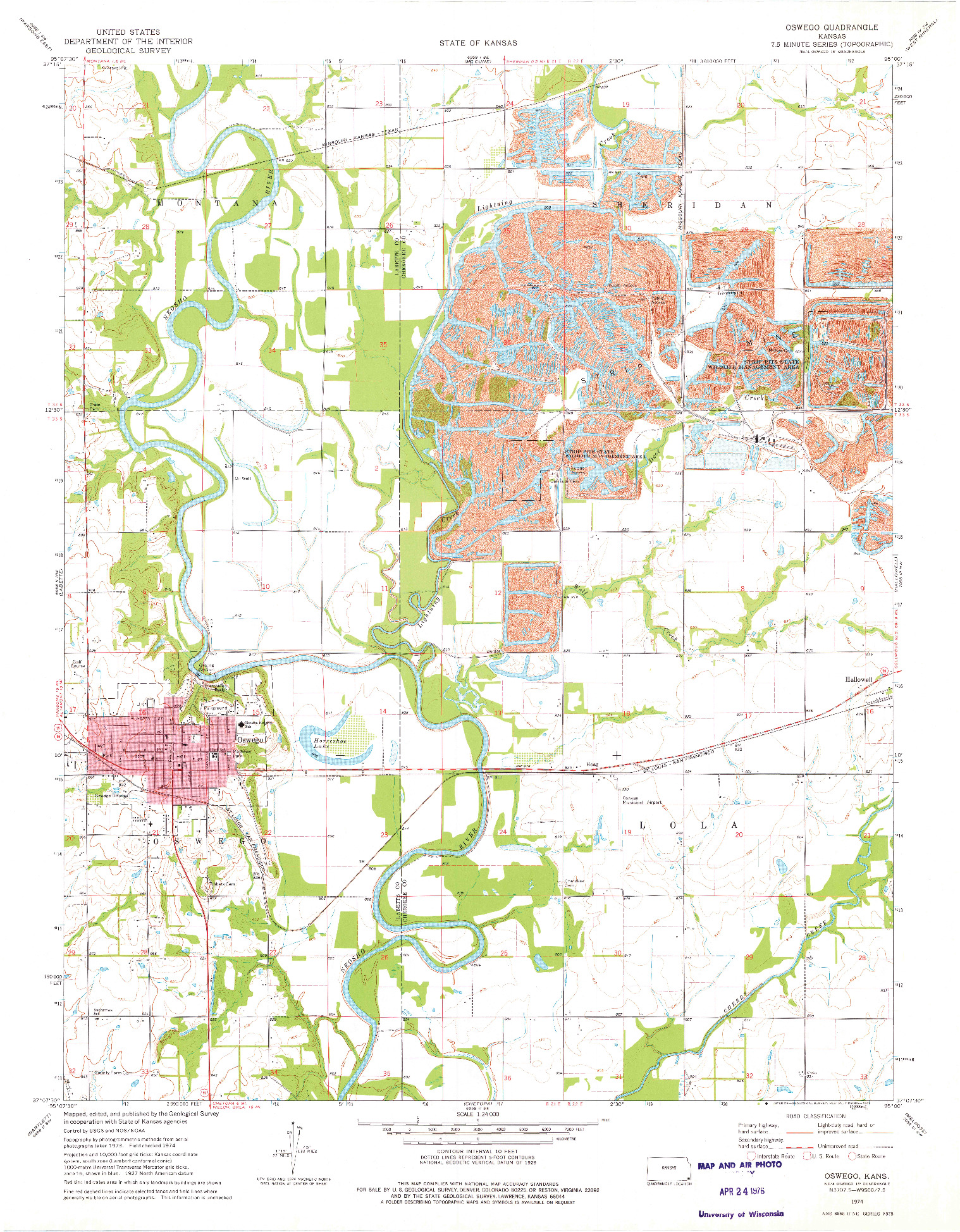 USGS 1:24000-SCALE QUADRANGLE FOR OSWEGO, KS 1974