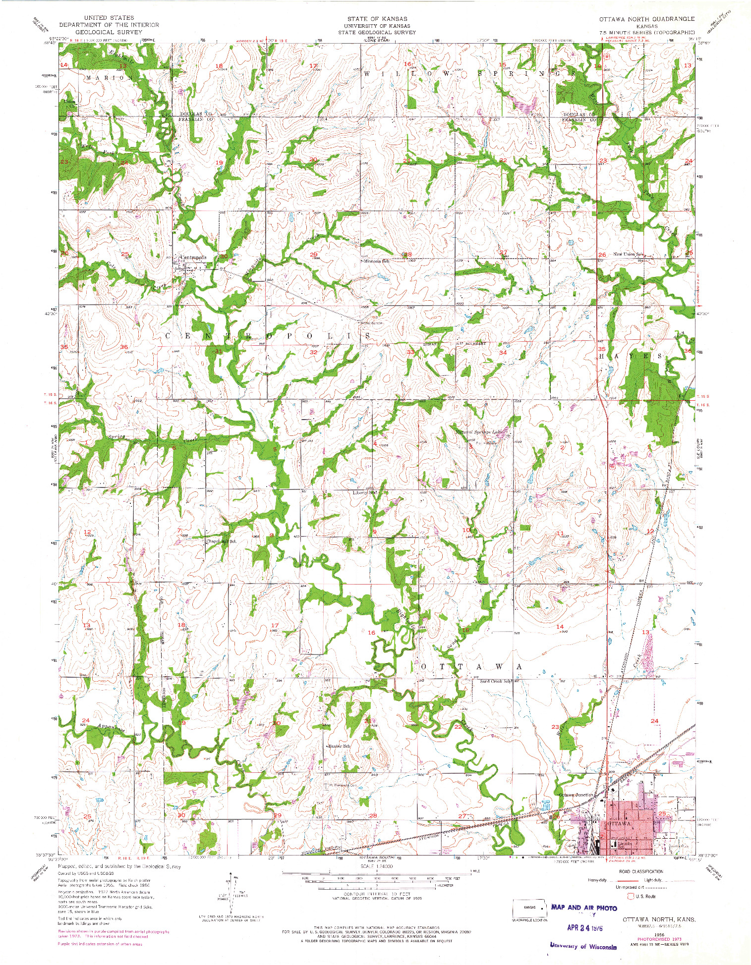USGS 1:24000-SCALE QUADRANGLE FOR OTTAWA NORTH, KS 1956