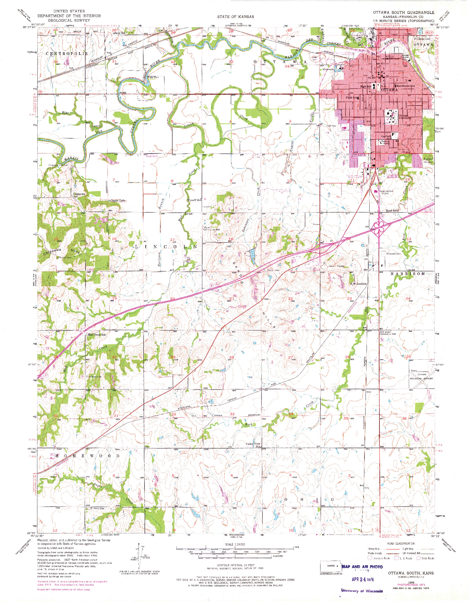 USGS 1:24000-SCALE QUADRANGLE FOR OTTAWA SOUTH, KS 1956