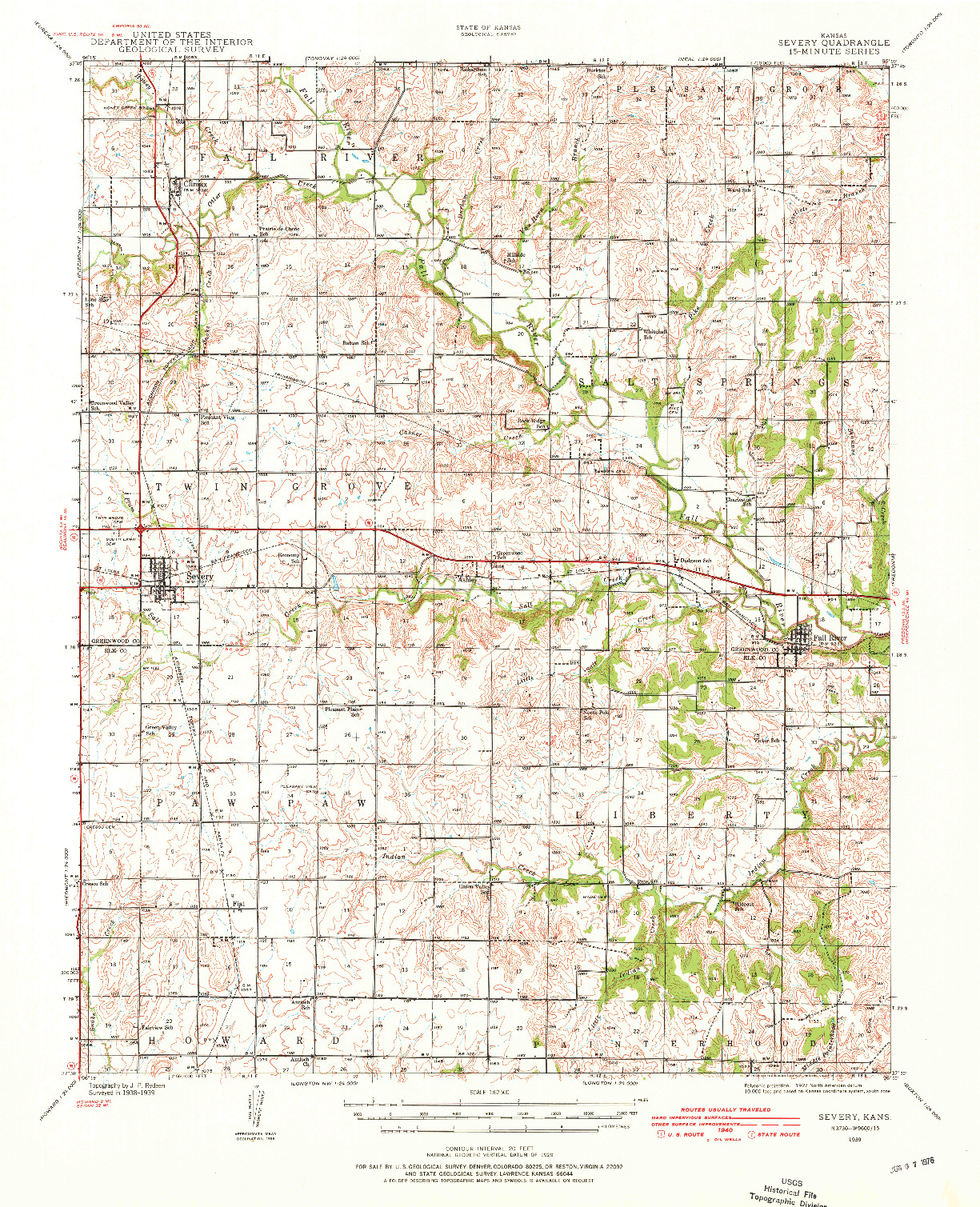 USGS 1:62500-SCALE QUADRANGLE FOR SEVERY, KS 1939