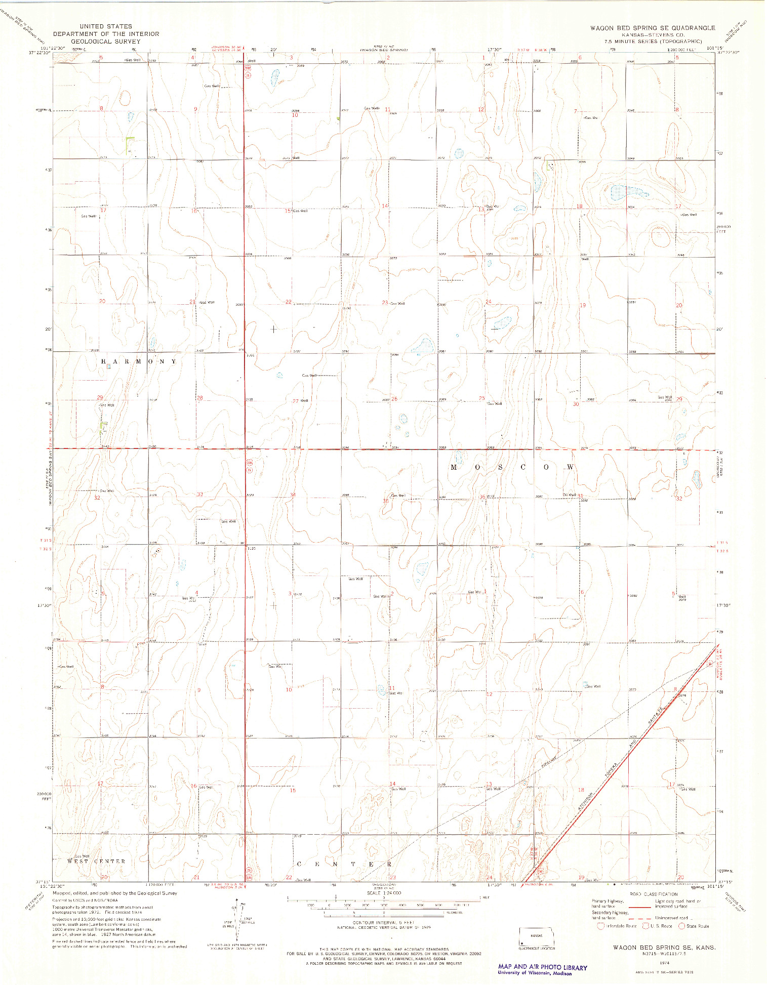 USGS 1:24000-SCALE QUADRANGLE FOR WAGON BED SPRING SE, KS 1974