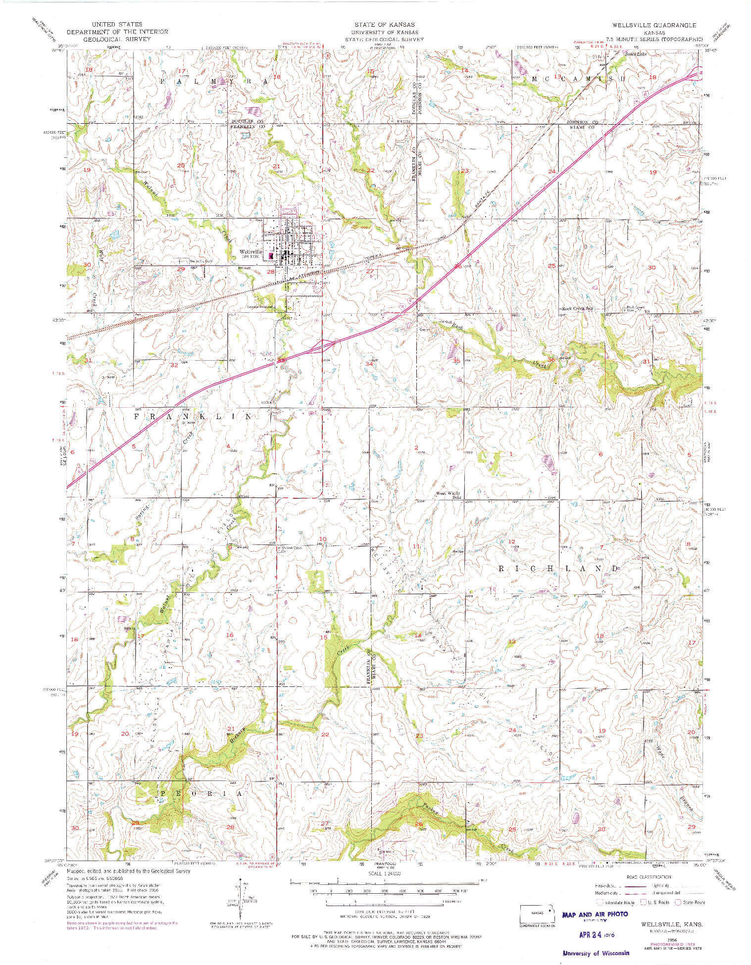 USGS 1:24000-SCALE QUADRANGLE FOR WELLSVILLE, KS 1956