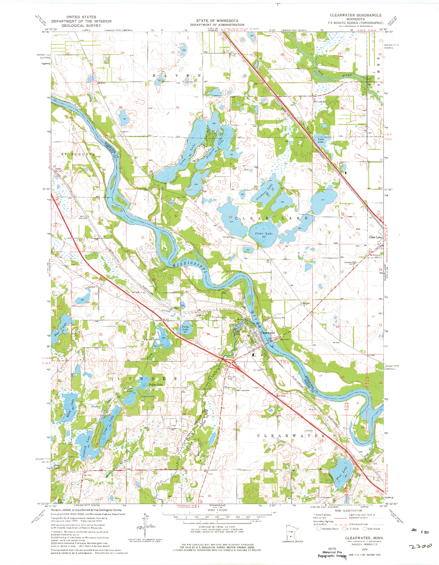 USGS 1:24000-SCALE QUADRANGLE FOR CLEARWATER, MN 1974