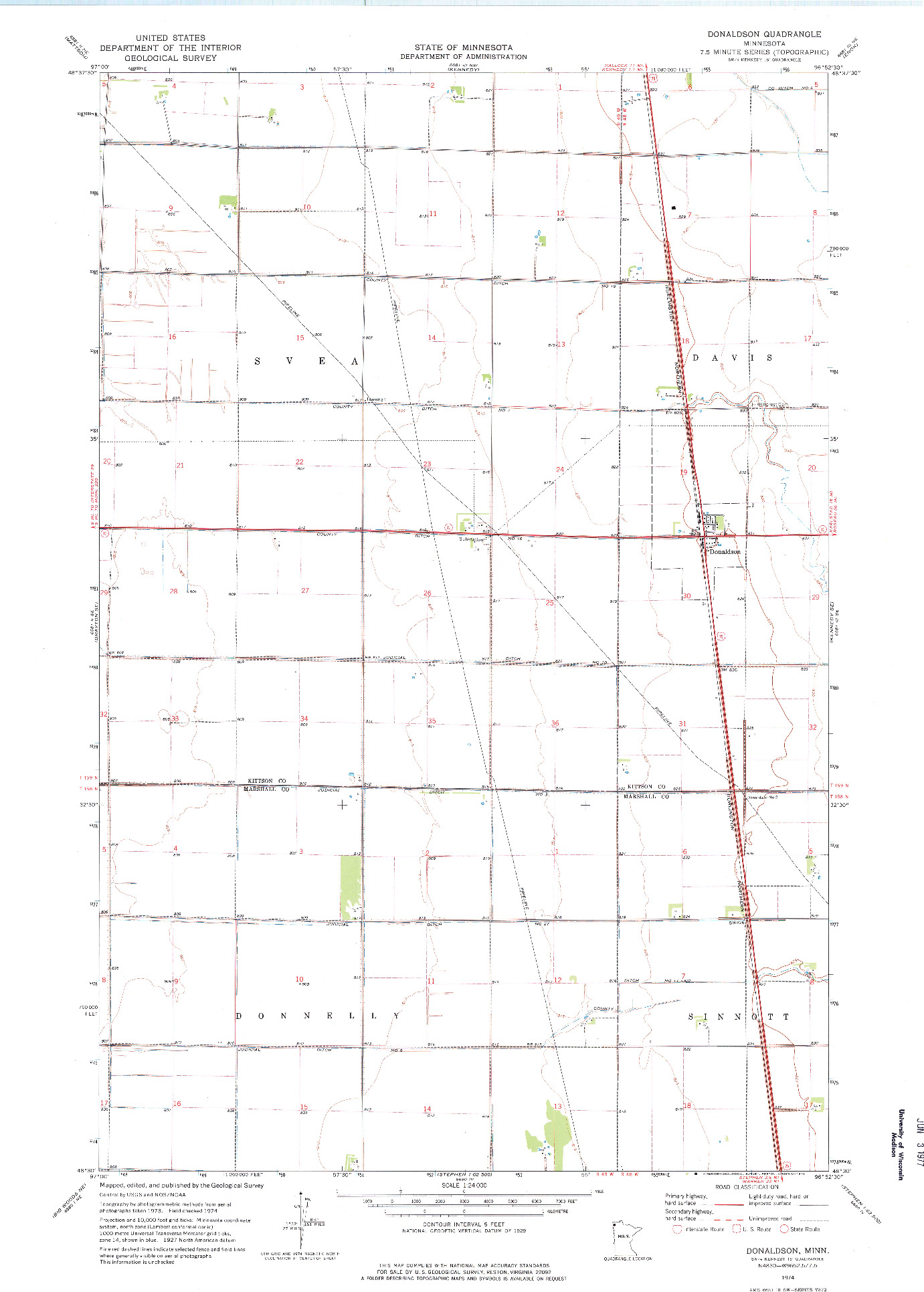 USGS 1:24000-SCALE QUADRANGLE FOR DONALDSON, MN 1974