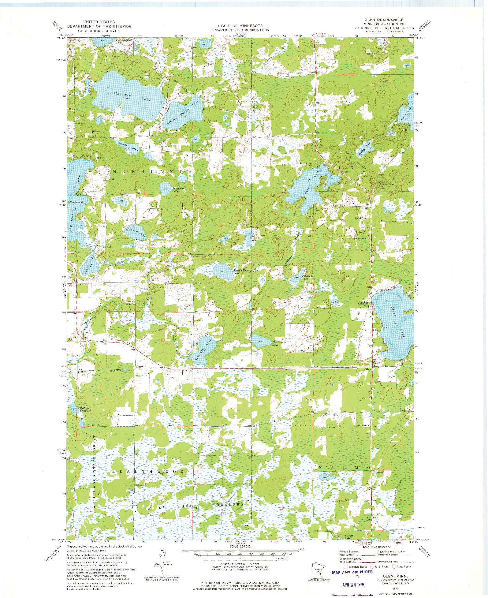 USGS 1:24000-SCALE QUADRANGLE FOR GLEN, MN 1973