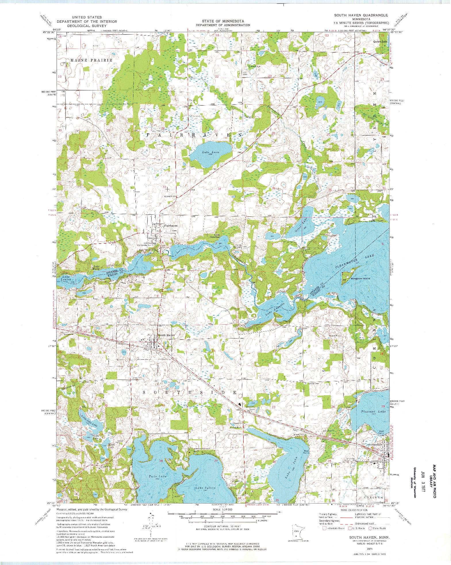 USGS 1:24000-SCALE QUADRANGLE FOR SOUTH HAVEN, MN 1974