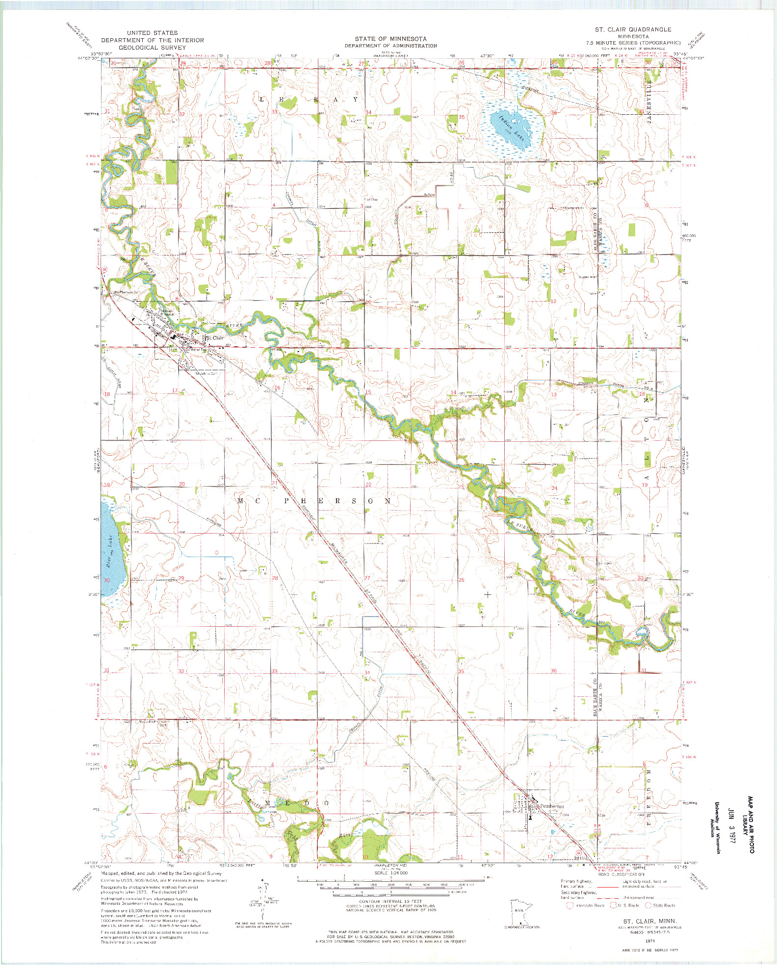 USGS 1:24000-SCALE QUADRANGLE FOR ST CLAIR, MN 1974