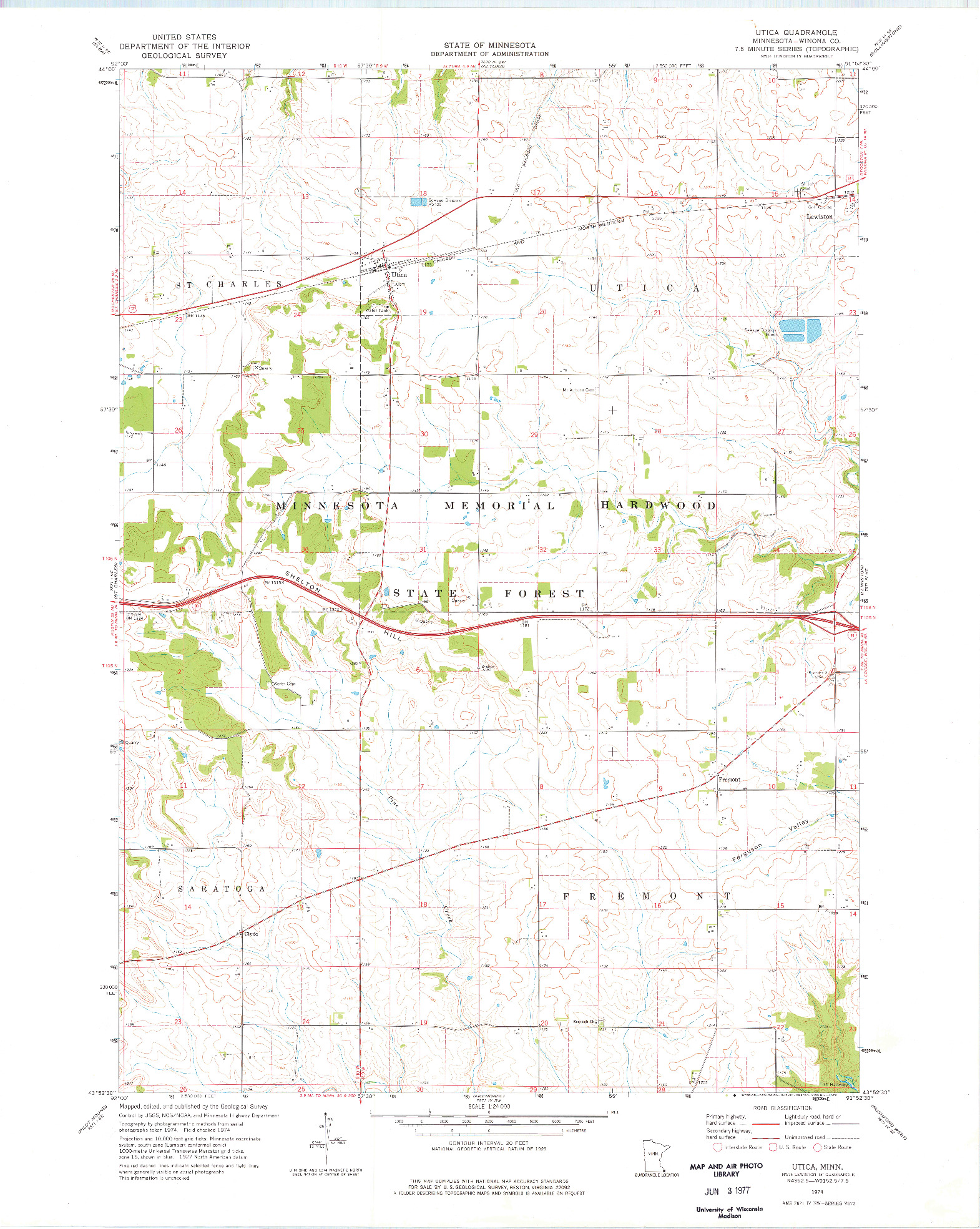 USGS 1:24000-SCALE QUADRANGLE FOR UTICA, MN 1974