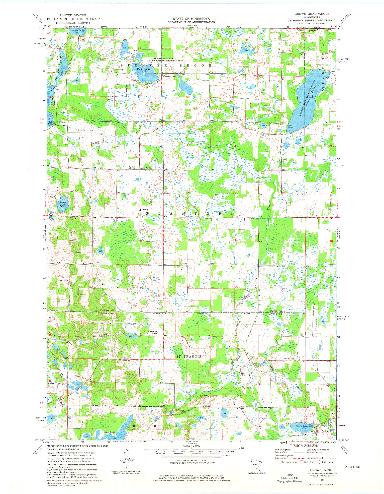 USGS 1:24000-SCALE QUADRANGLE FOR CROWN, MN 1974