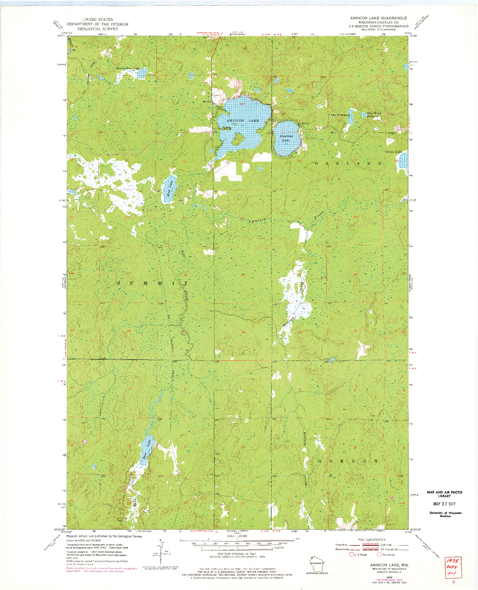 USGS 1:24000-SCALE QUADRANGLE FOR AMNICON LAKE, WI 1954