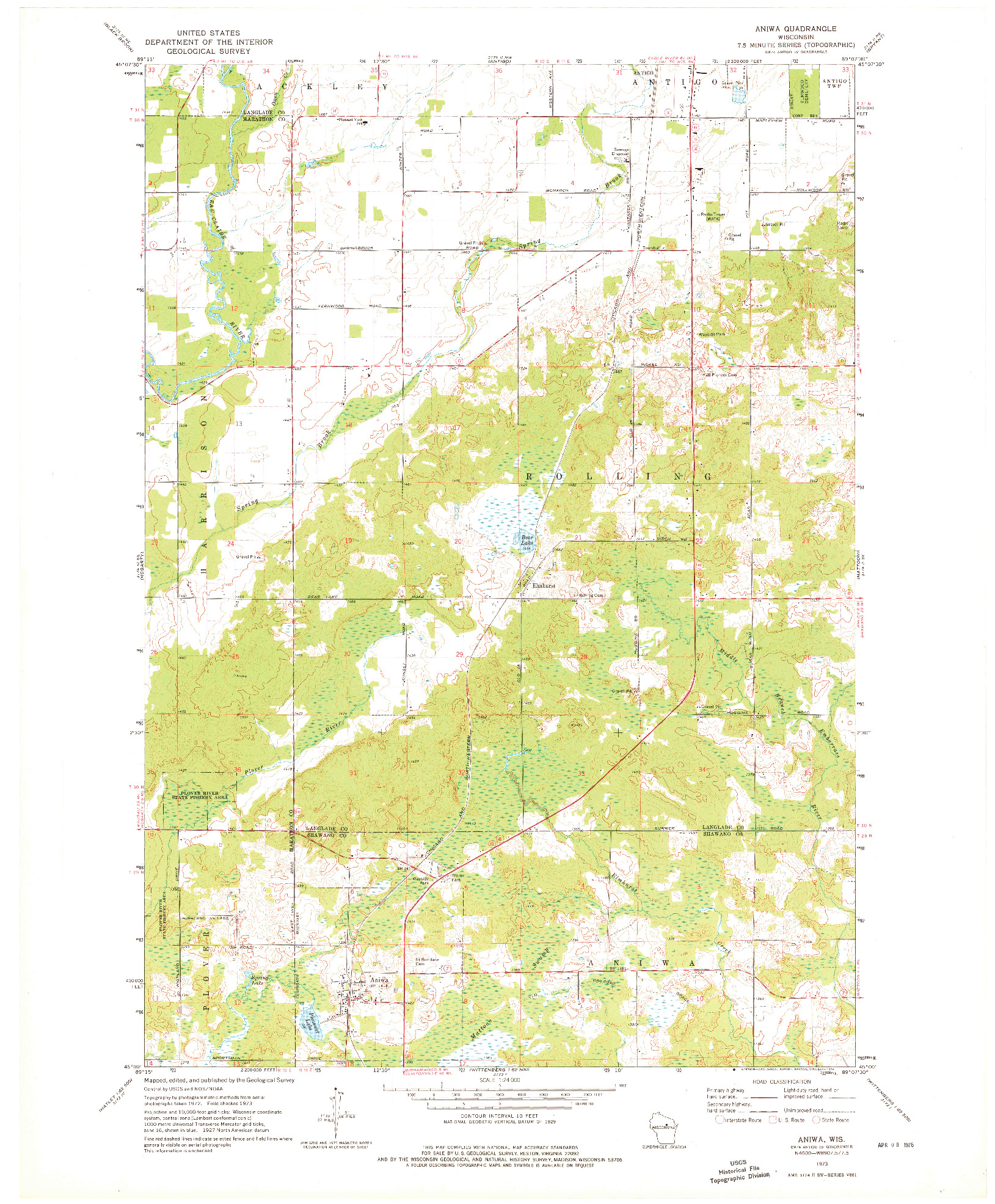 USGS 1:24000-SCALE QUADRANGLE FOR ANIWA, WI 1973