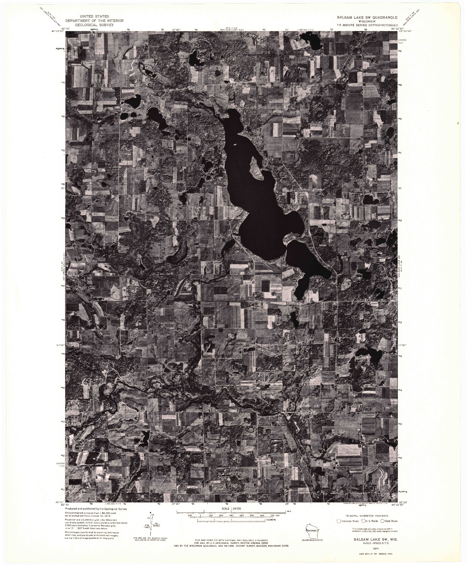 USGS 1:24000-SCALE QUADRANGLE FOR BALSAM LAKE SW, WI 1974