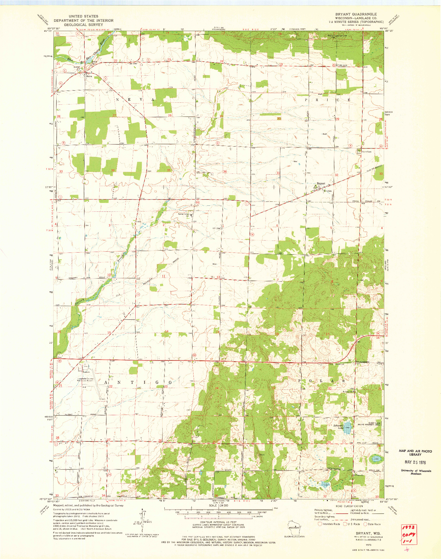 USGS 1:24000-SCALE QUADRANGLE FOR BRYANT, WI 1973