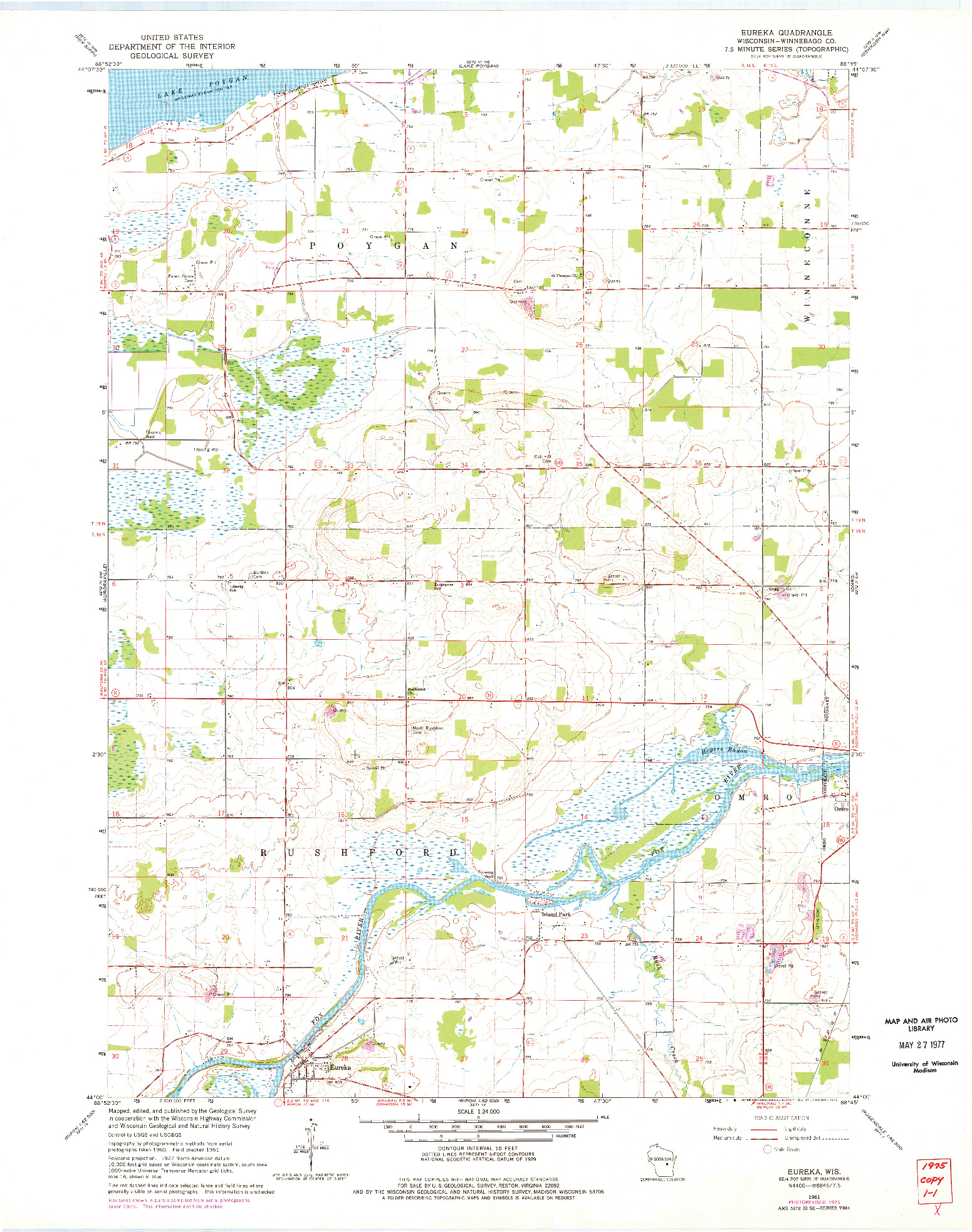 USGS 1:24000-SCALE QUADRANGLE FOR EUREKA, WI 1961