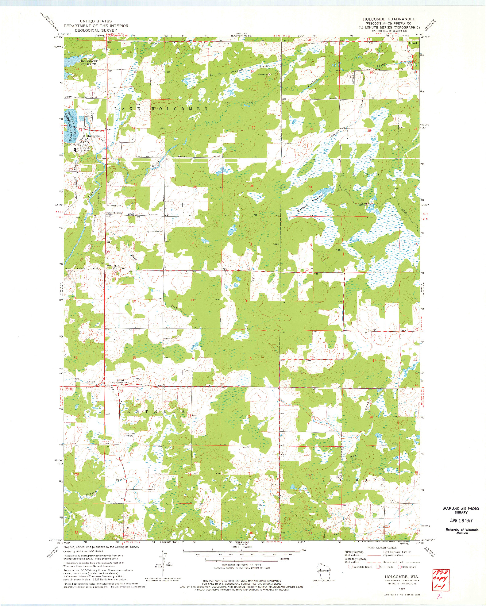 USGS 1:24000-SCALE QUADRANGLE FOR HOLCOMBE, WI 1973