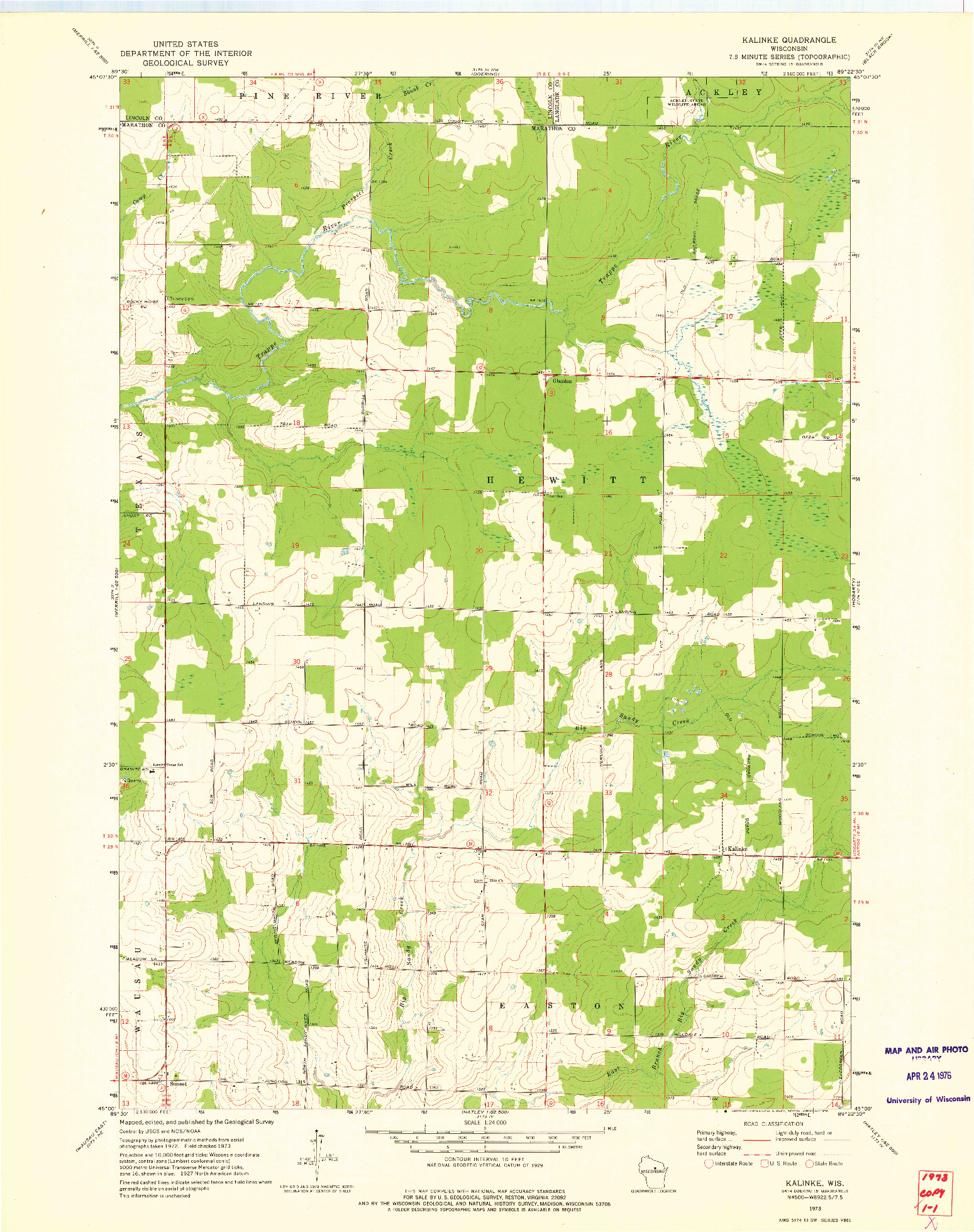 USGS 1:24000-SCALE QUADRANGLE FOR KALINKE, WI 1973