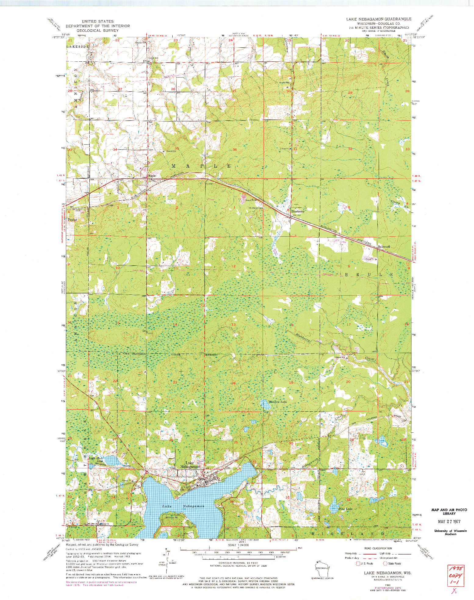 USGS 1:24000-SCALE QUADRANGLE FOR LAKE NEBAGAMON, WI 1961