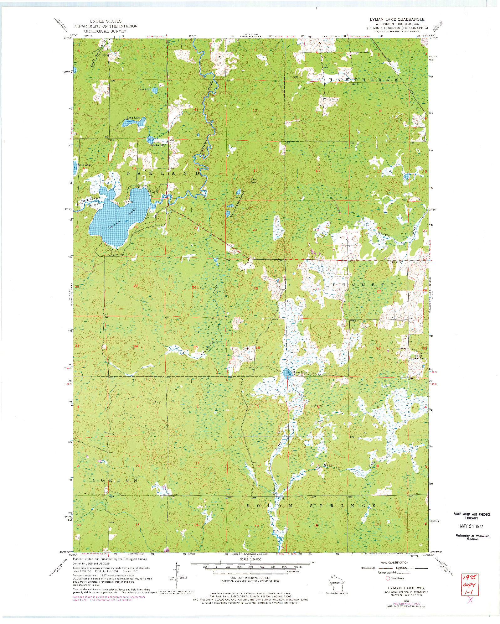 USGS 1:24000-SCALE QUADRANGLE FOR LYMAN LAKE, WI 1961