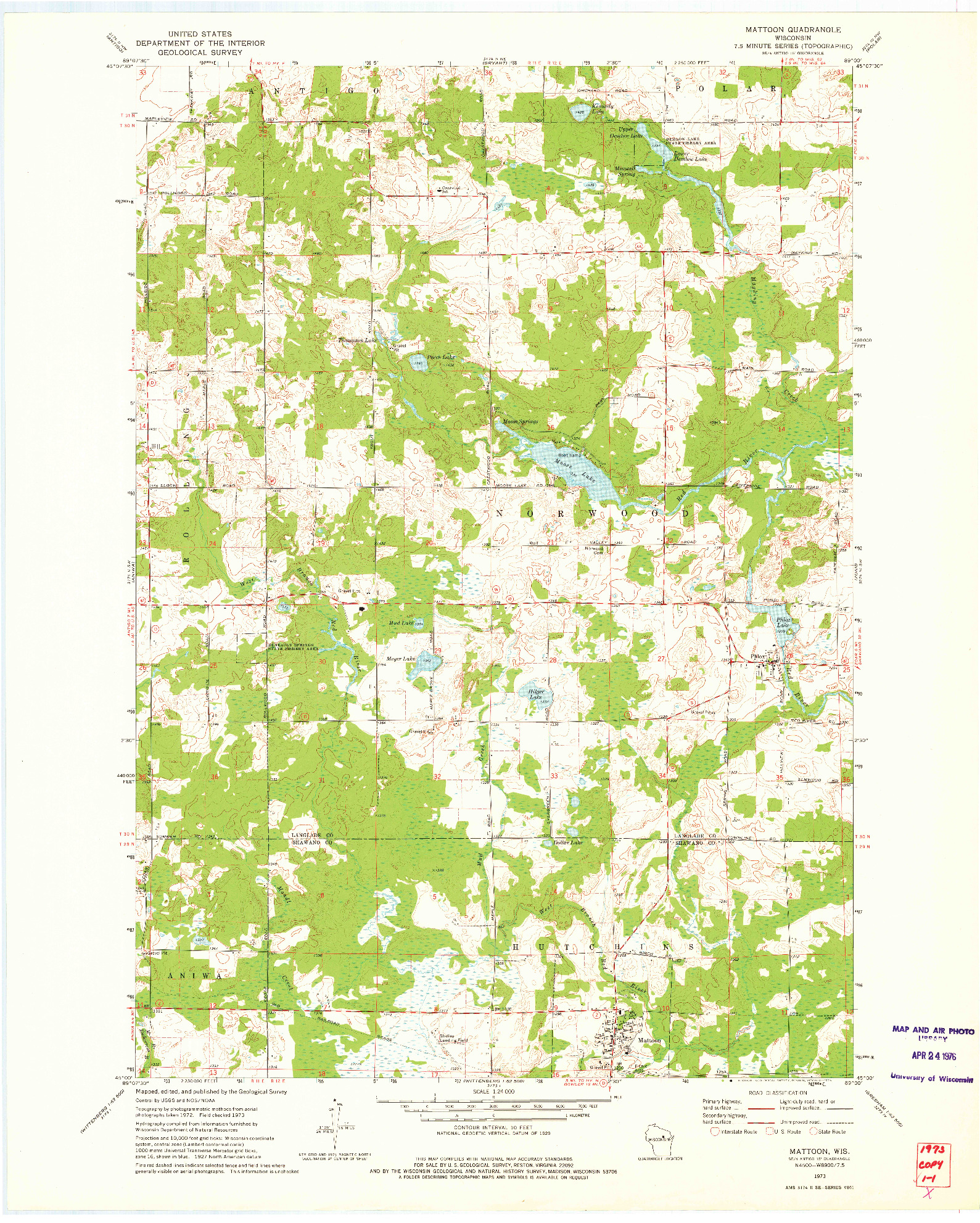 USGS 1:24000-SCALE QUADRANGLE FOR MATTOON, WI 1973