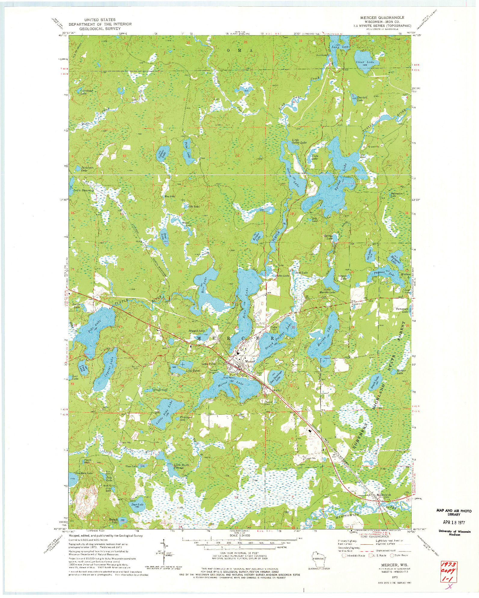 USGS 1:24000-SCALE QUADRANGLE FOR MERCER, WI 1973