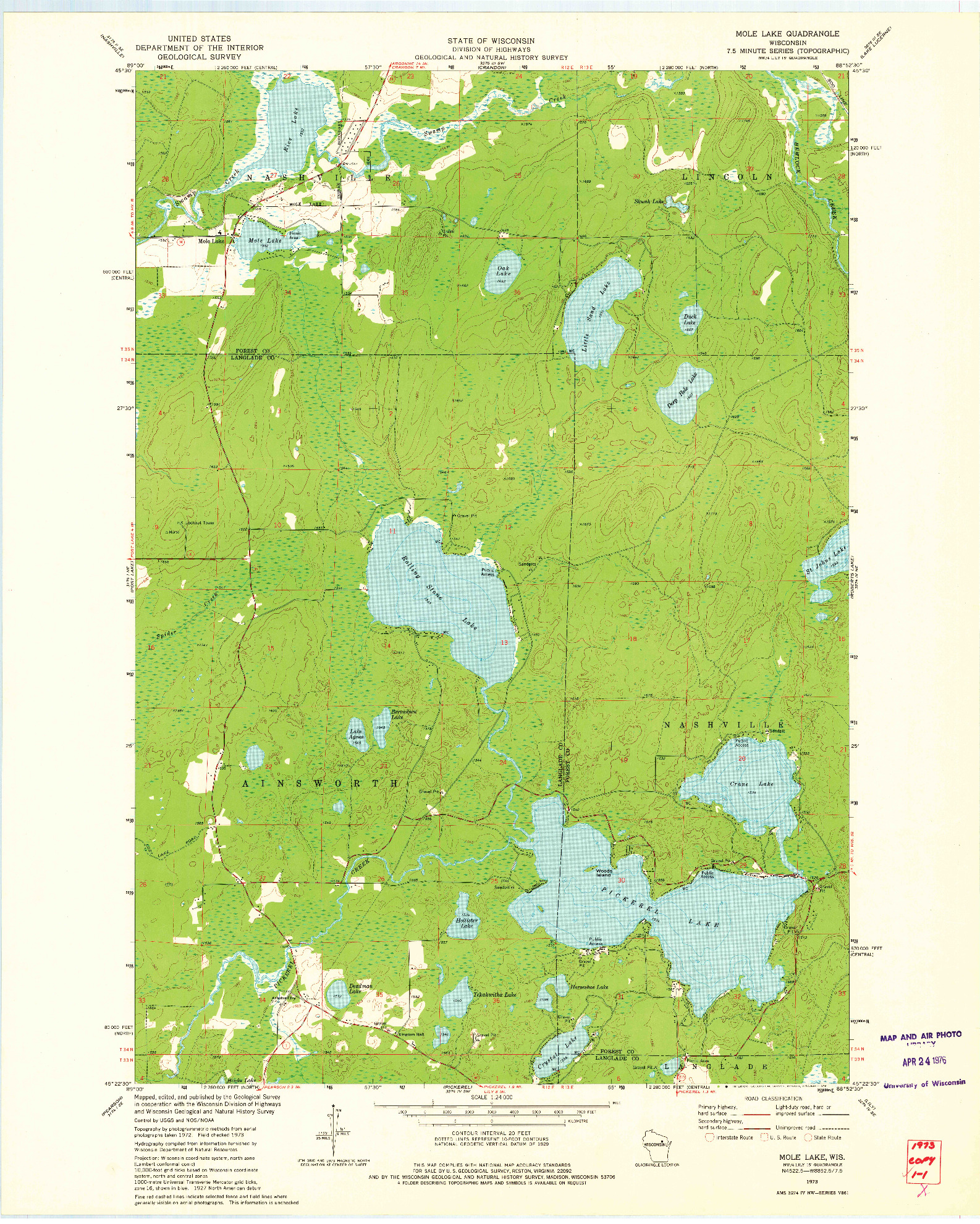 USGS 1:24000-SCALE QUADRANGLE FOR MOLE LAKE, WI 1973