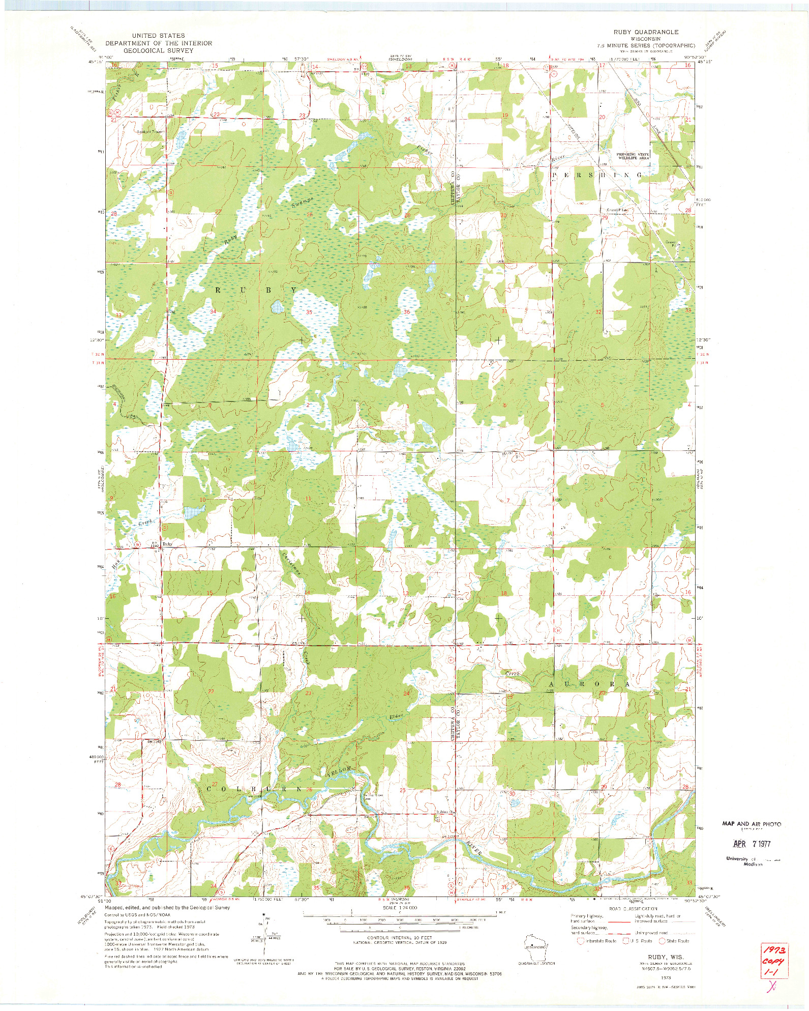 USGS 1:24000-SCALE QUADRANGLE FOR RUBY, WI 1973