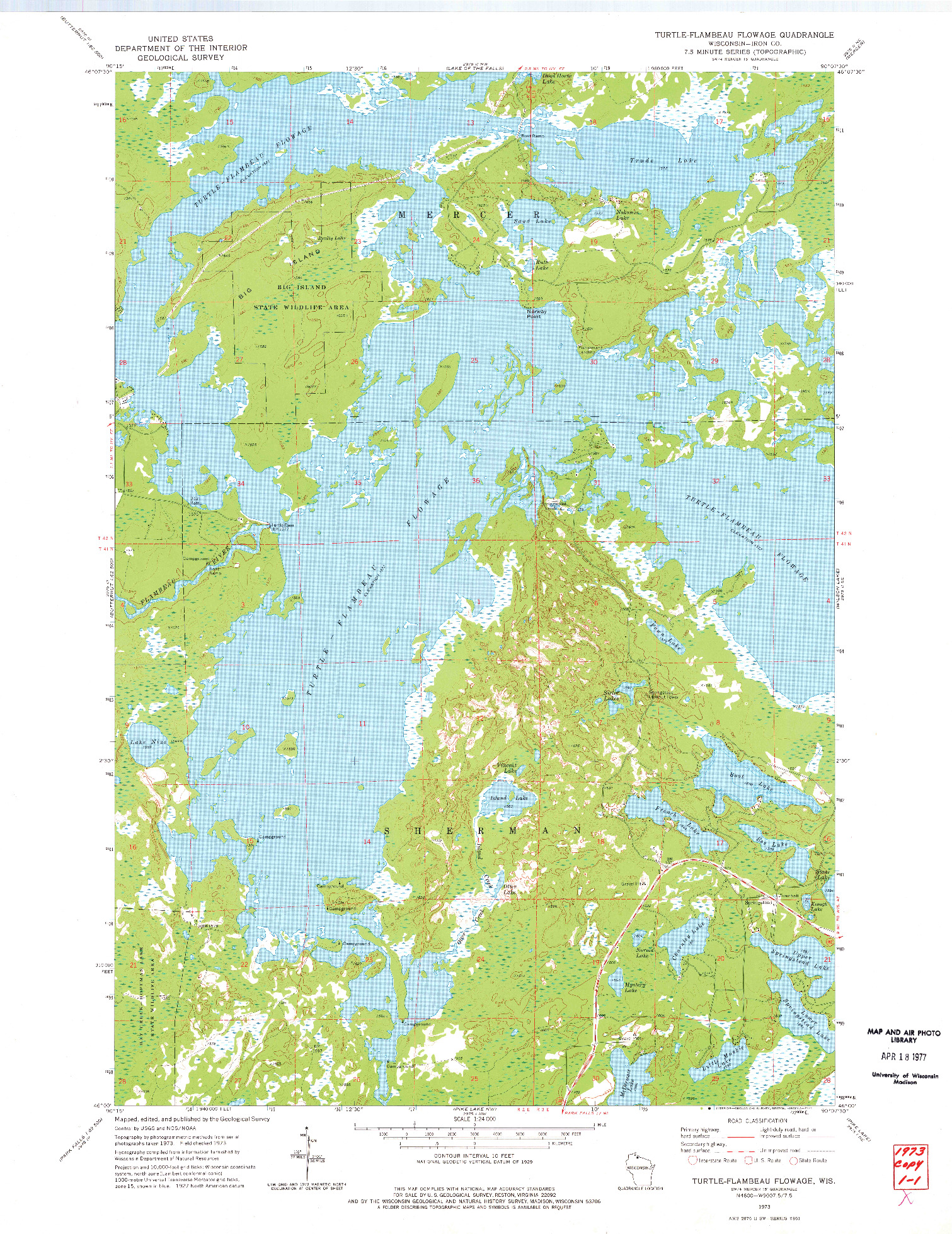 USGS 1:24000-SCALE QUADRANGLE FOR TURTLE-FLAMBEAU FLOWAGE, WI 1973