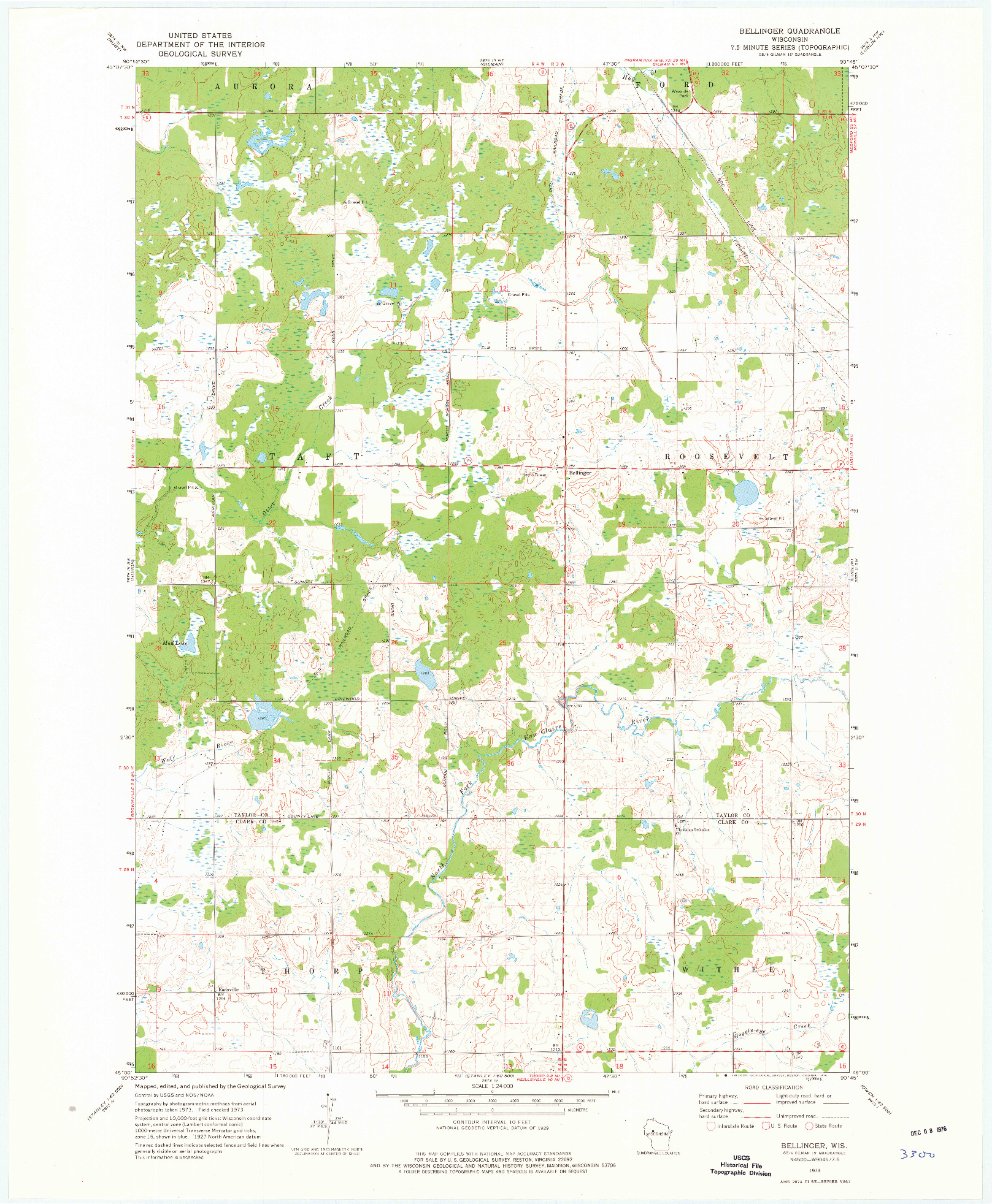 USGS 1:24000-SCALE QUADRANGLE FOR BELLINGER, WI 1973