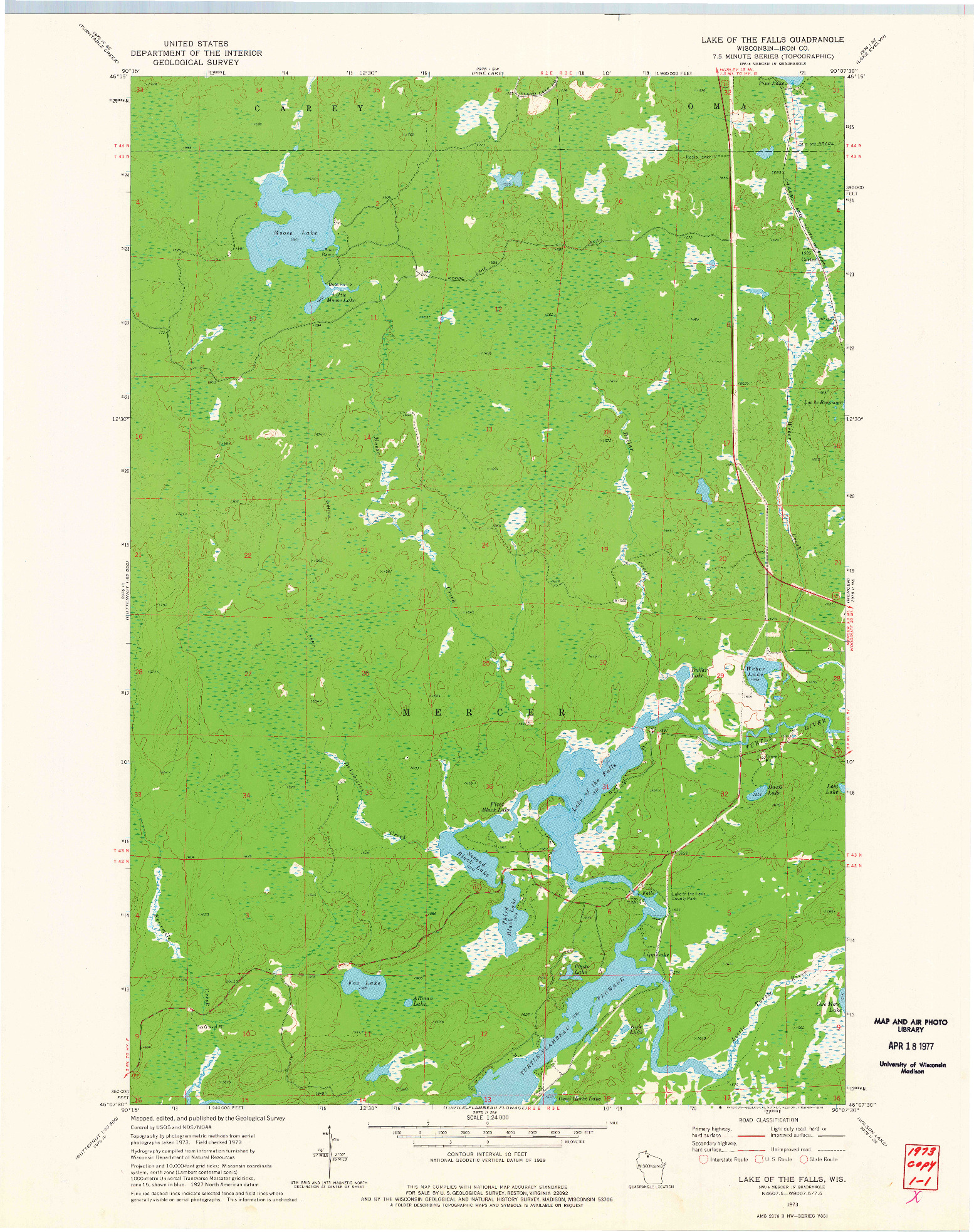 USGS 1:24000-SCALE QUADRANGLE FOR LAKE OF THE FALLS, WI 1973