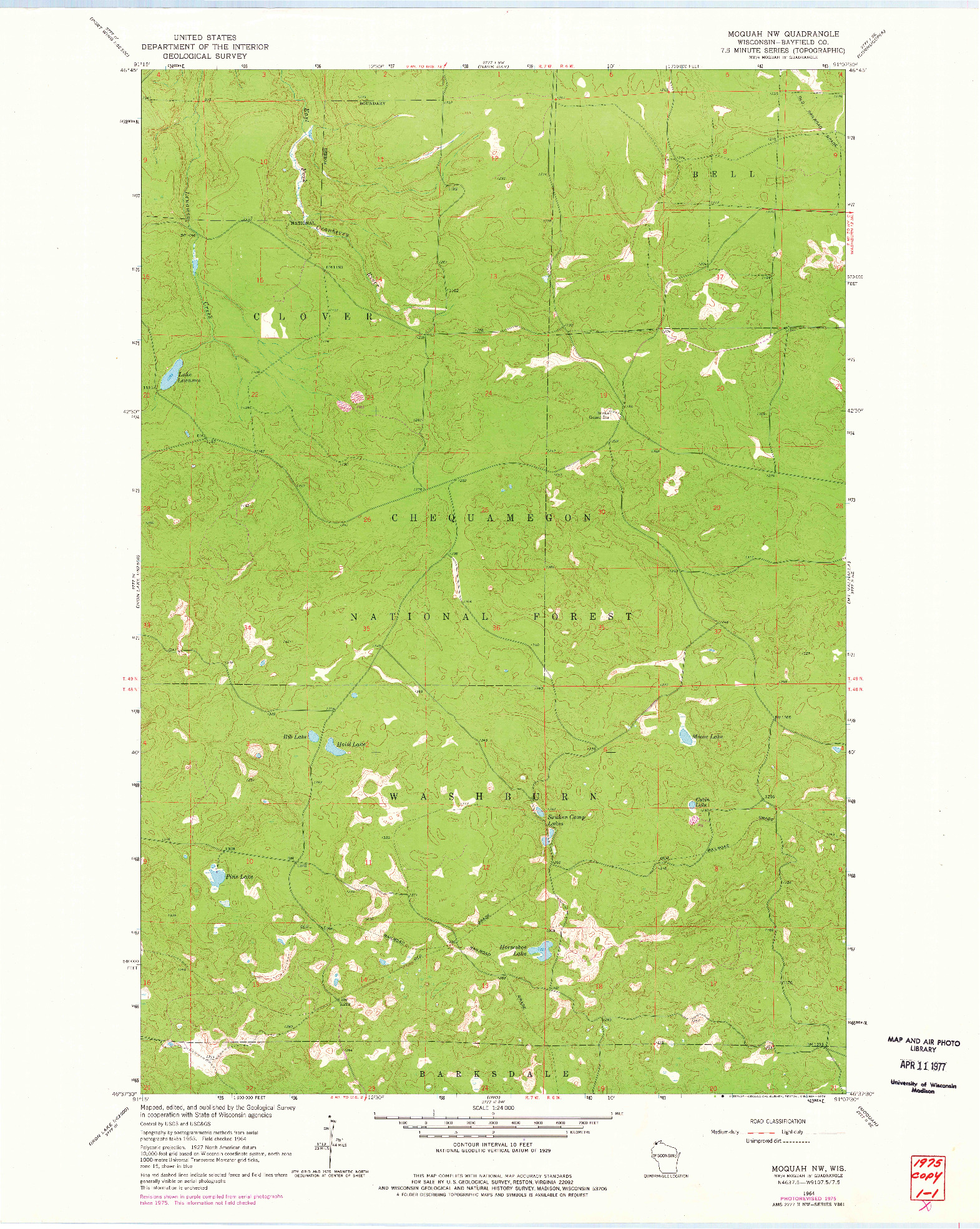 USGS 1:24000-SCALE QUADRANGLE FOR MOQUAH NW, WI 1964