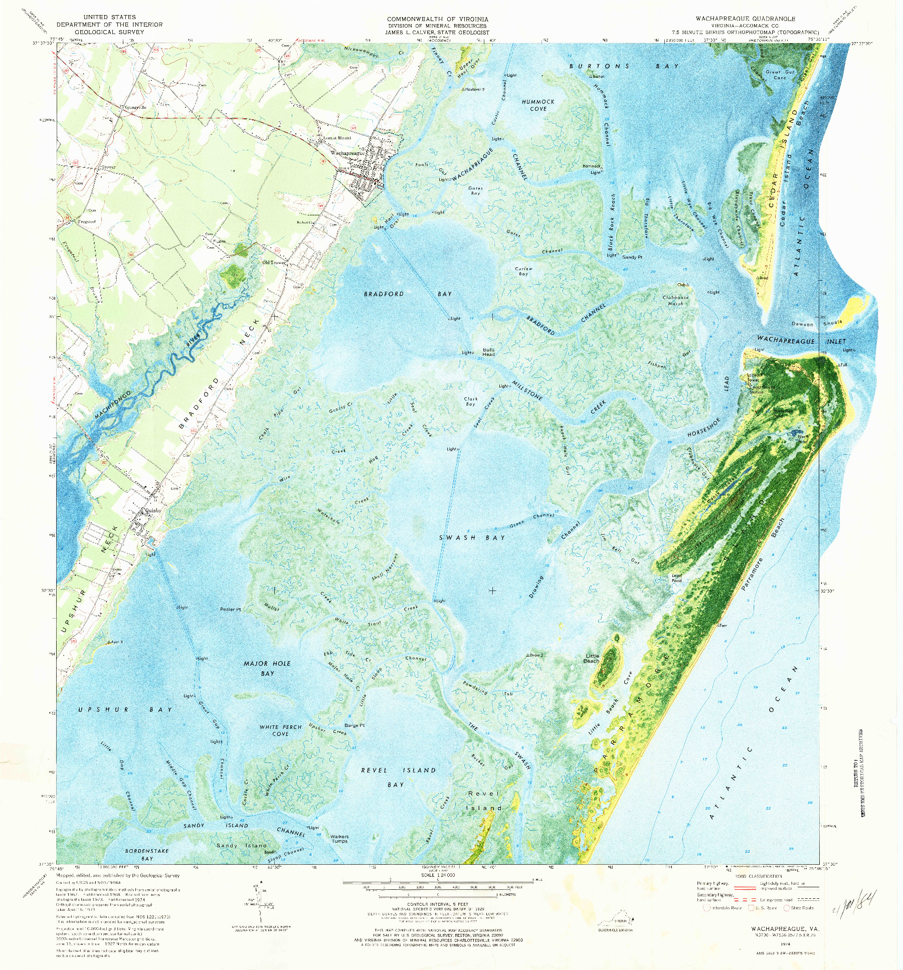 USGS 1:24000-SCALE QUADRANGLE FOR WACHAPREAGUE, VA 1974