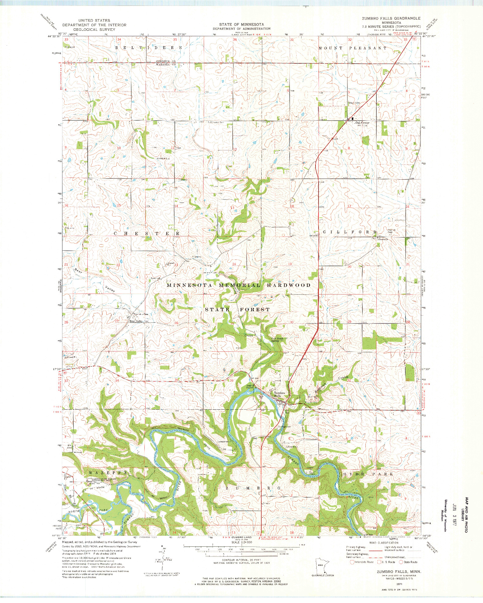 USGS 1:24000-SCALE QUADRANGLE FOR ZUMBRO FALLS, MN 1974