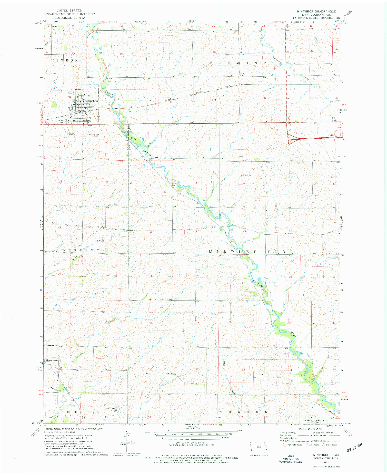 USGS 1:24000-SCALE QUADRANGLE FOR WINTHROP, IA 1973