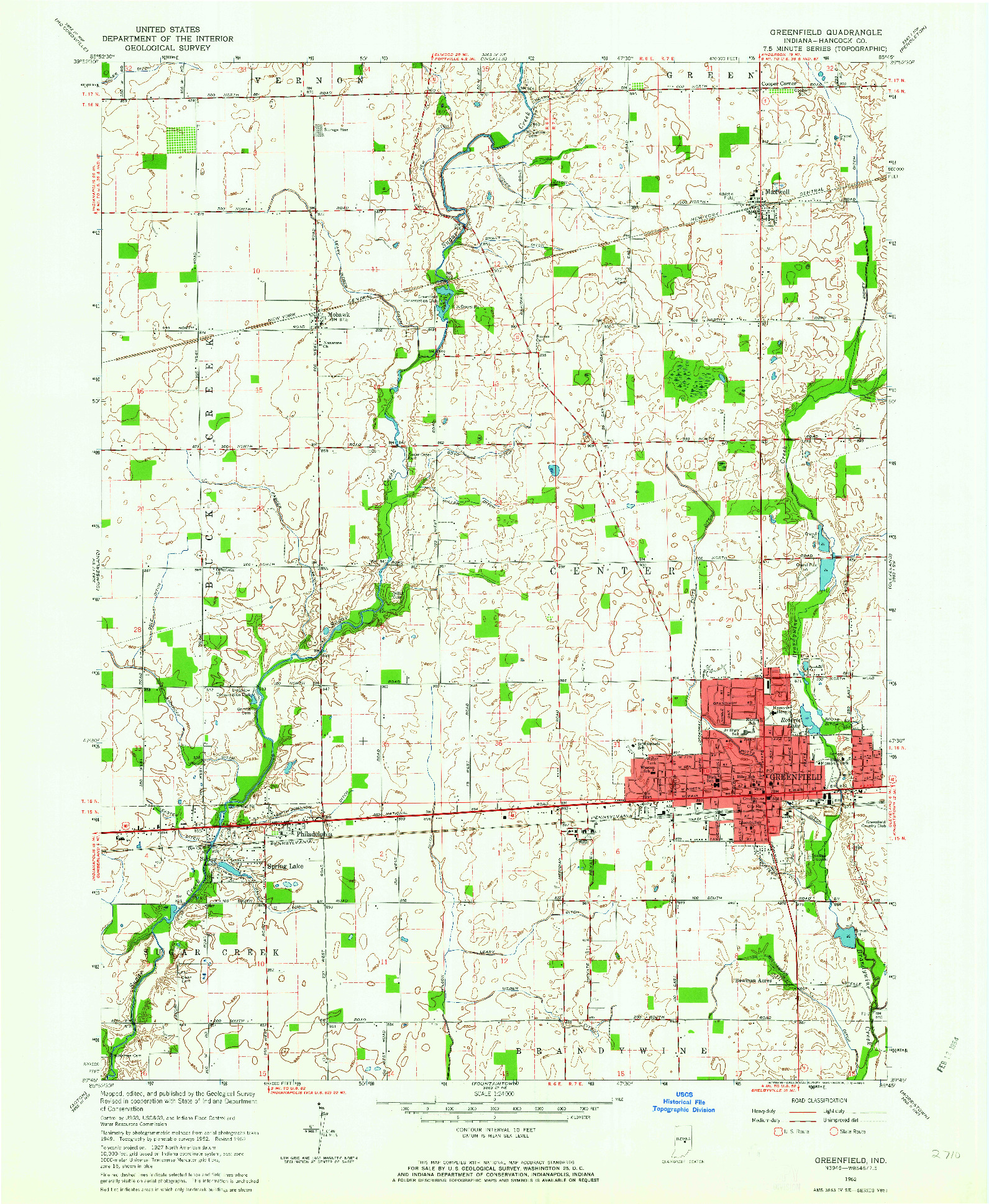 USGS 1:24000-SCALE QUADRANGLE FOR GREENFIELD, IN 1962