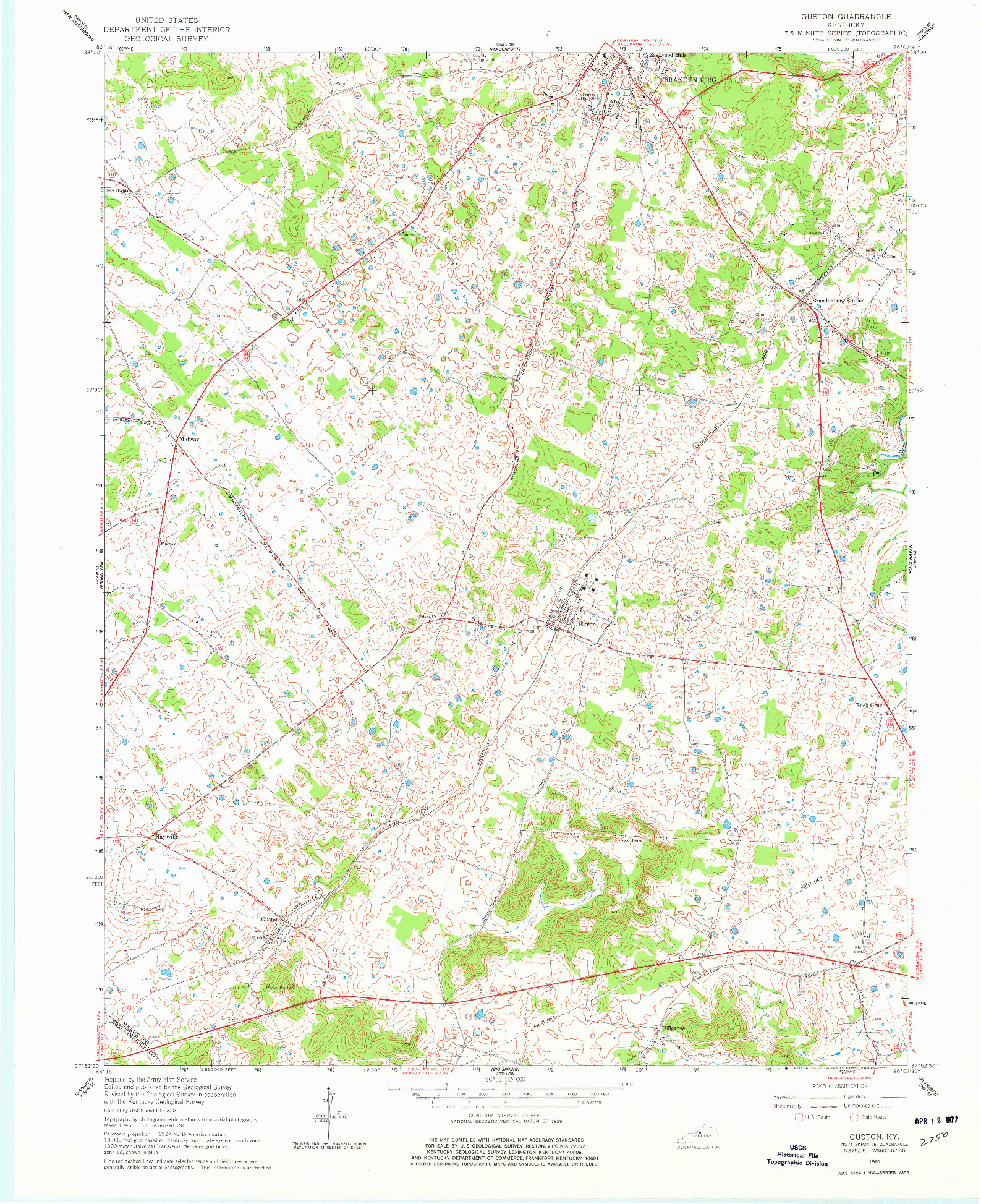 USGS 1:24000-SCALE QUADRANGLE FOR GUSTON, KY 1961