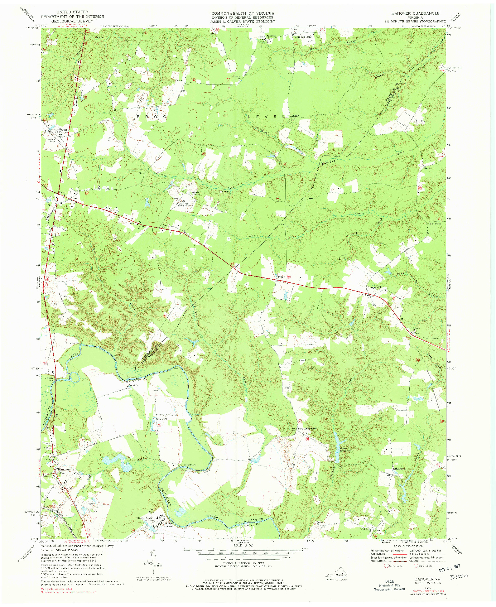 USGS 1:24000-SCALE QUADRANGLE FOR HANOVER, VA 1969