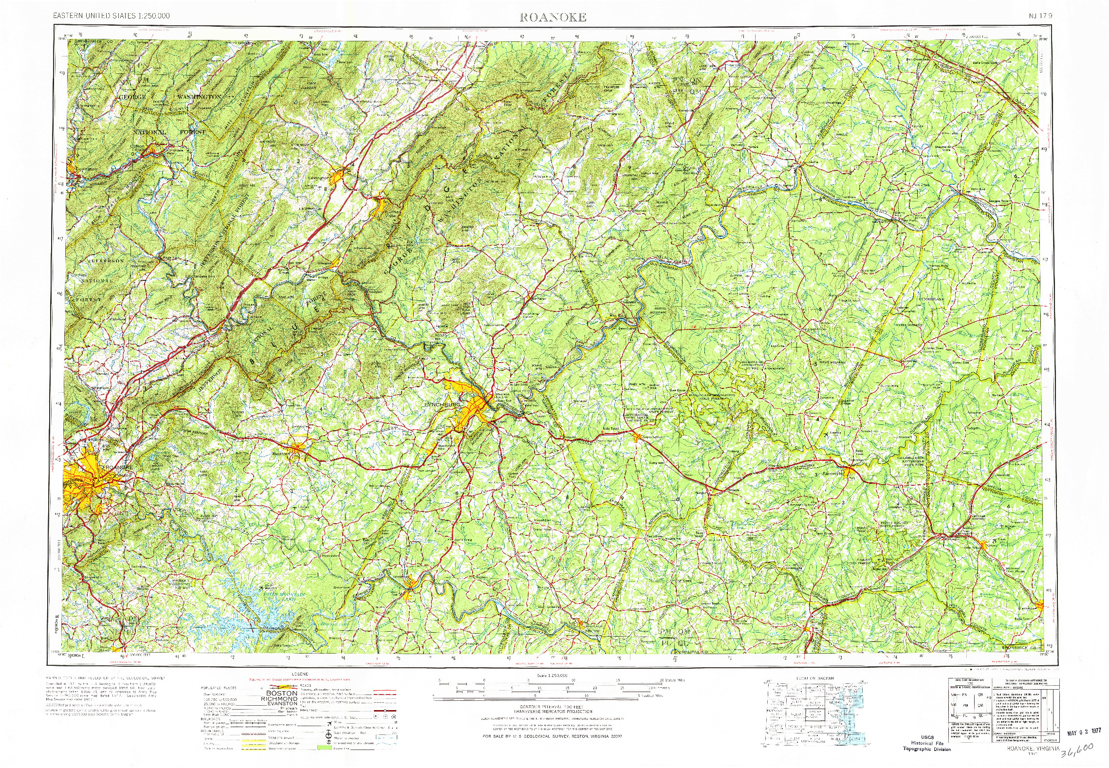 USGS 1:250000-SCALE QUADRANGLE FOR ROANOKE, VA 1971