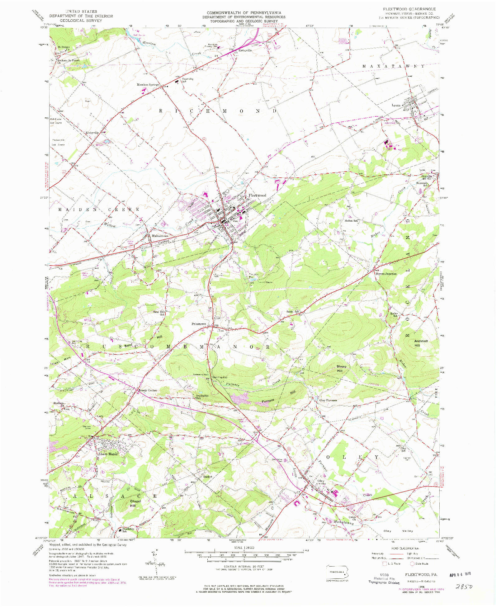 USGS 1:24000-SCALE QUADRANGLE FOR FLEETWOOD, PA 1956